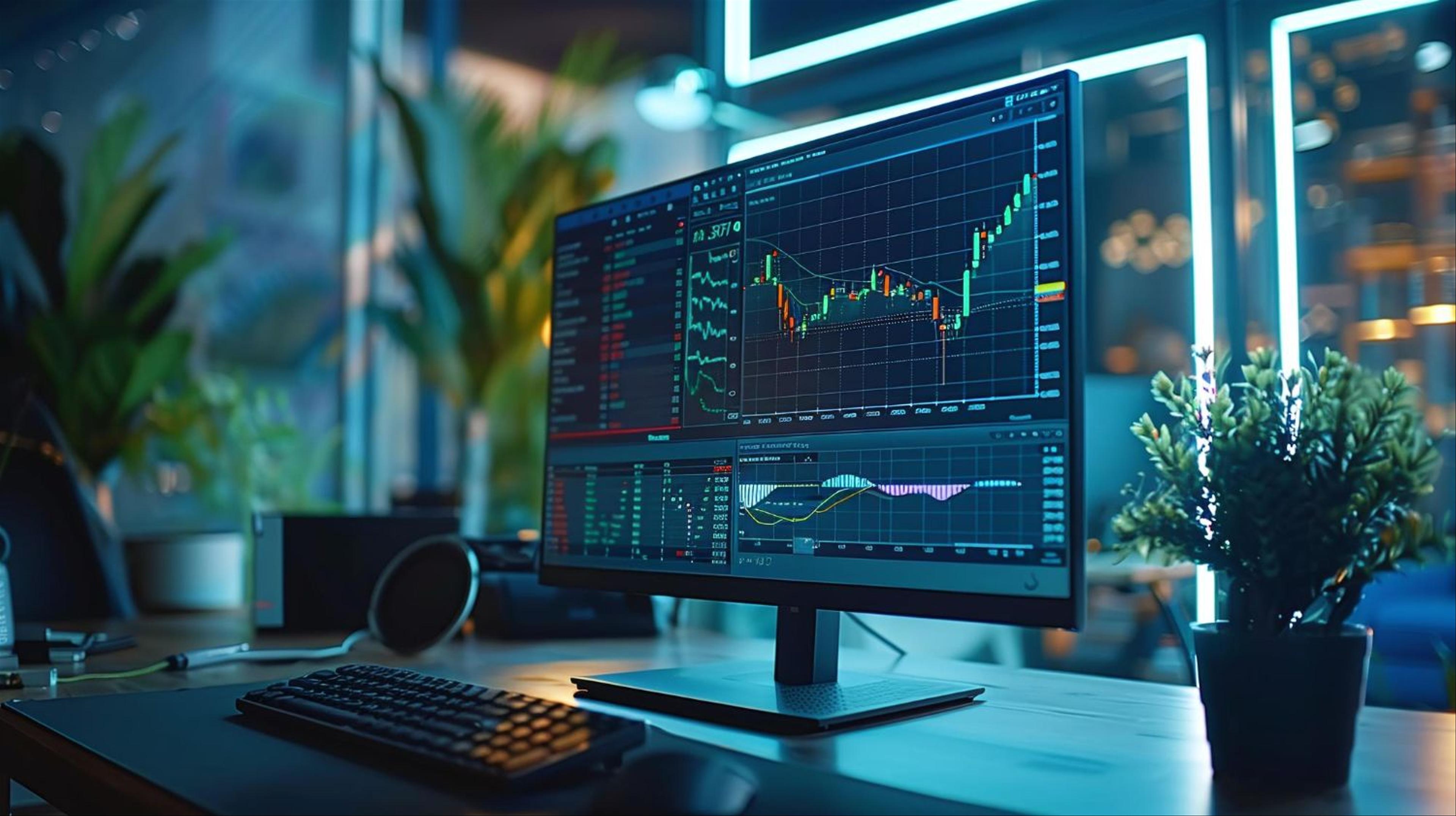 Desktop computer monitor with business candle stick graph chart stock market investment