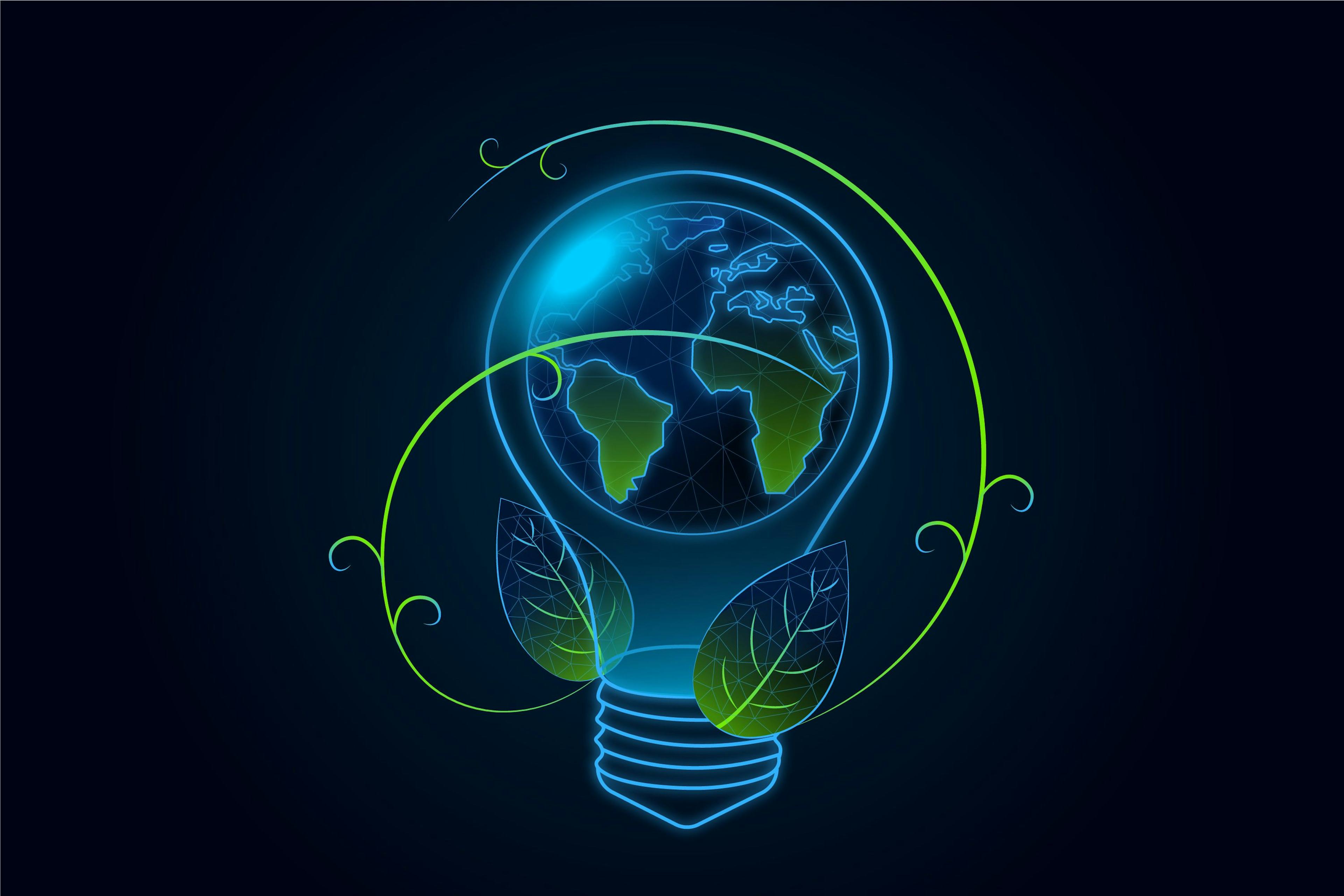 Light bulb with Earth design and green leaves