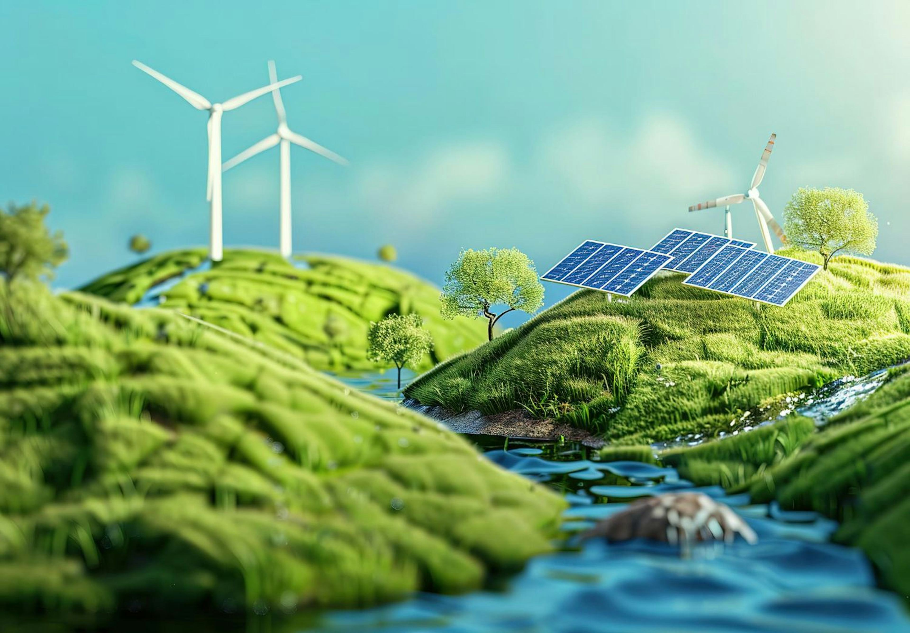 EcoFriendly Renewable Energy Future with Solar Panels and Wind Turbines on Earth Stock Illustration