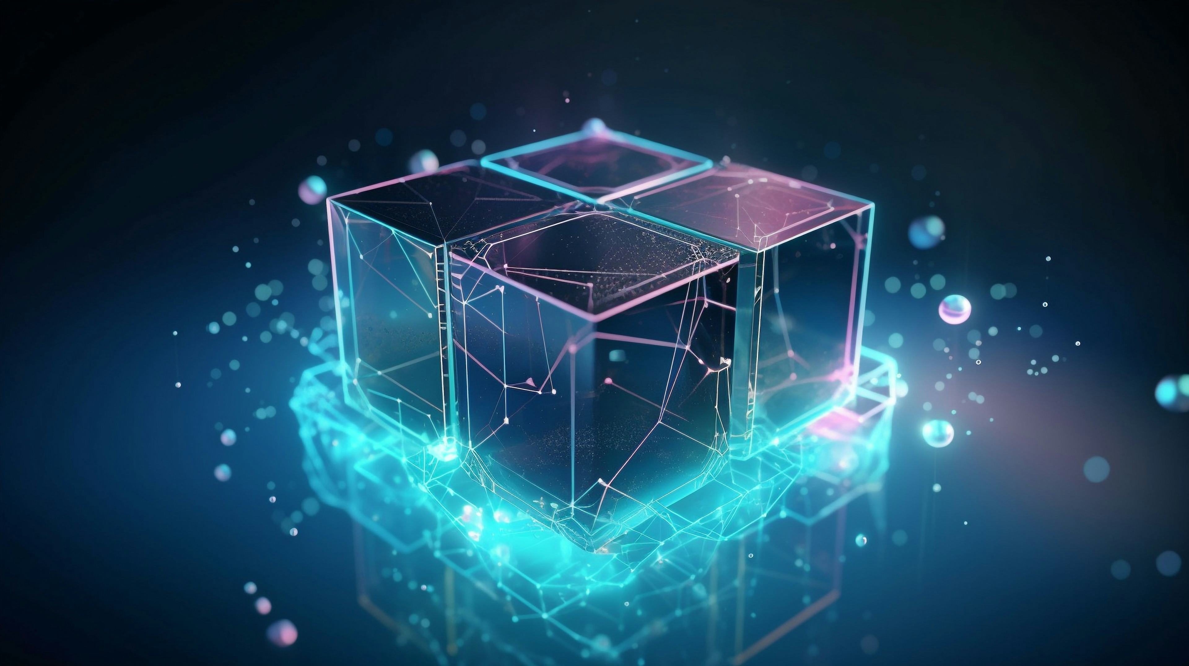 3D cubes with blue and pink hues and network branches extending from them