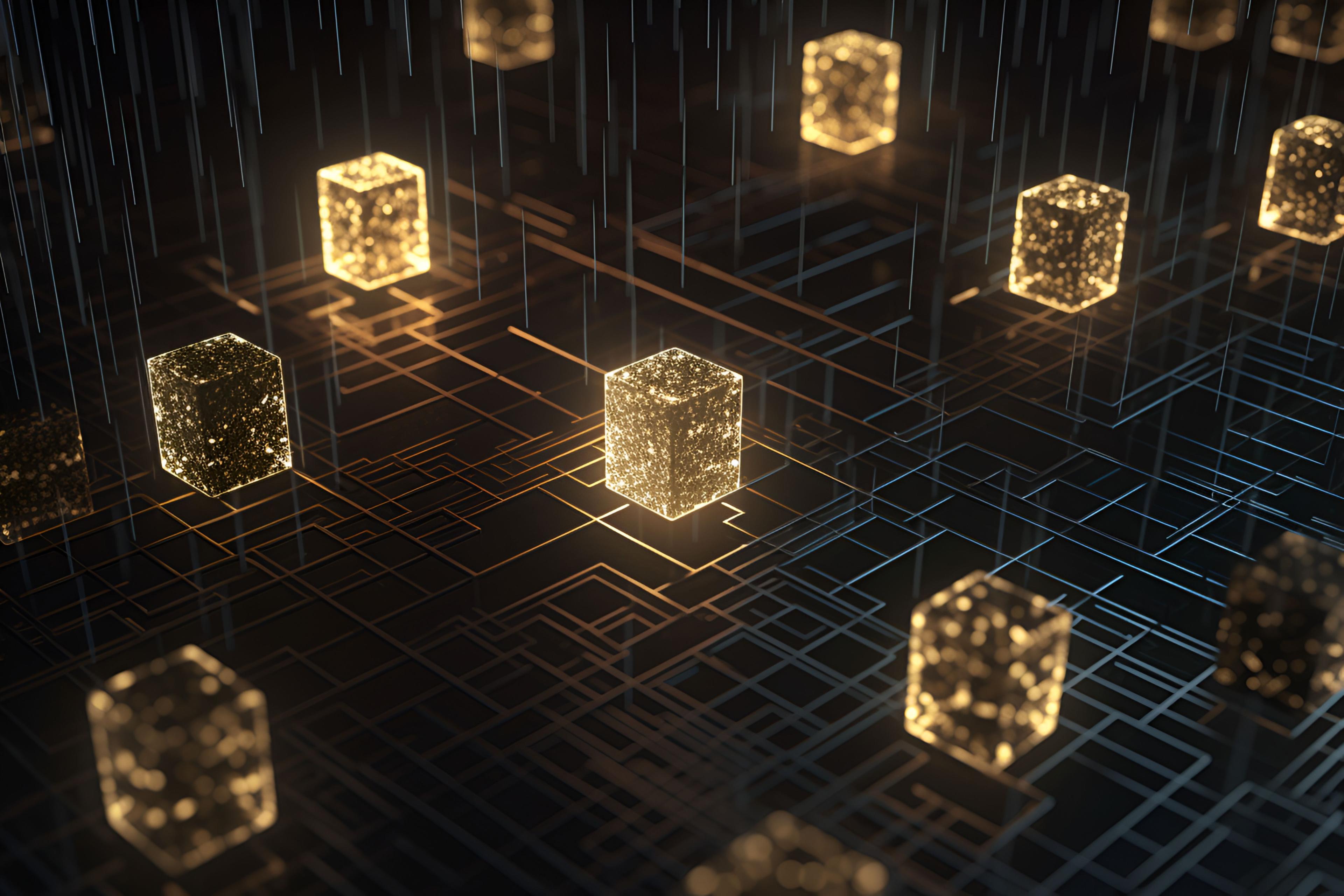 golden glowing blocks hovering above a network of lines