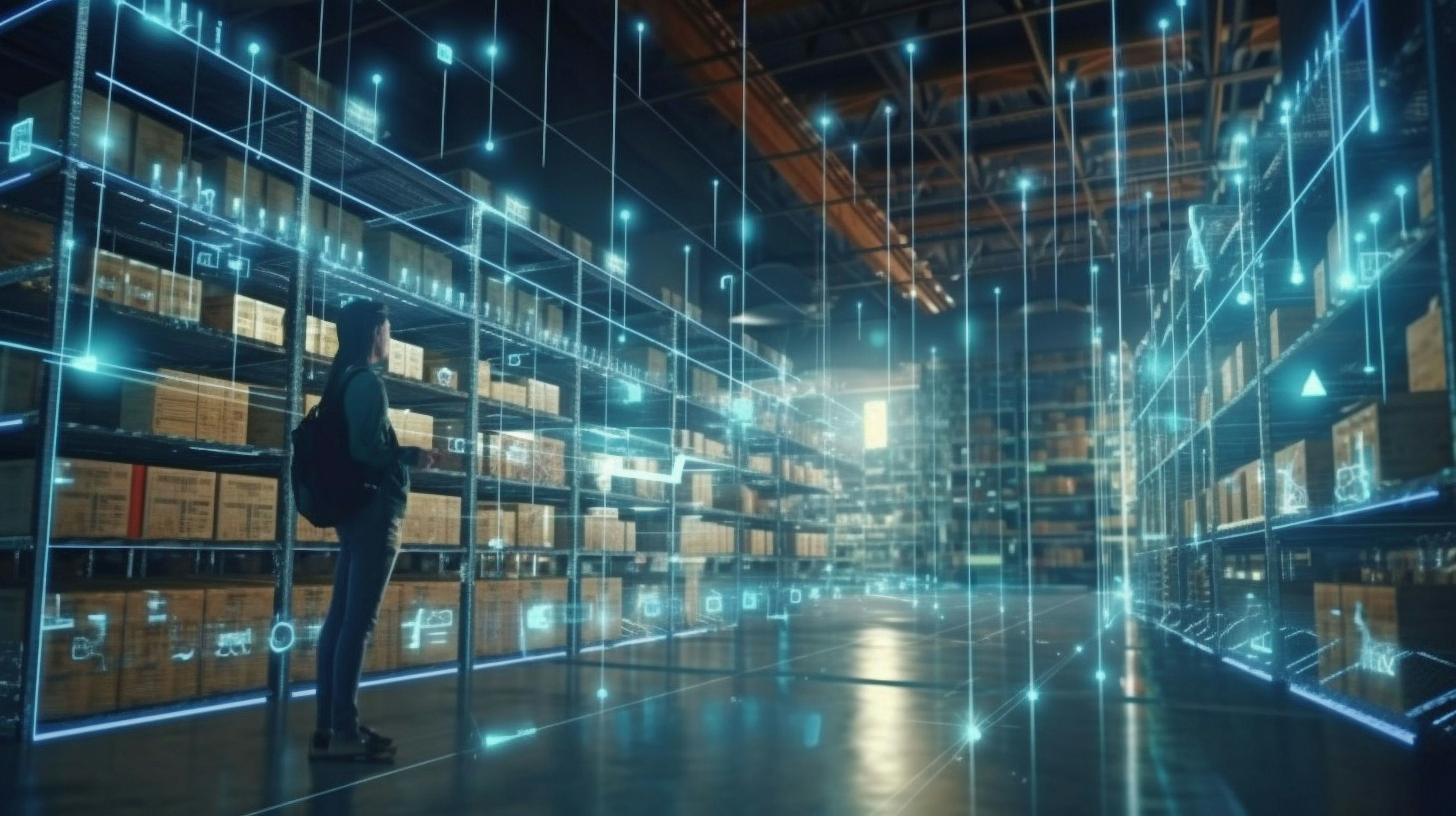 woman in warehouse with ai visuals