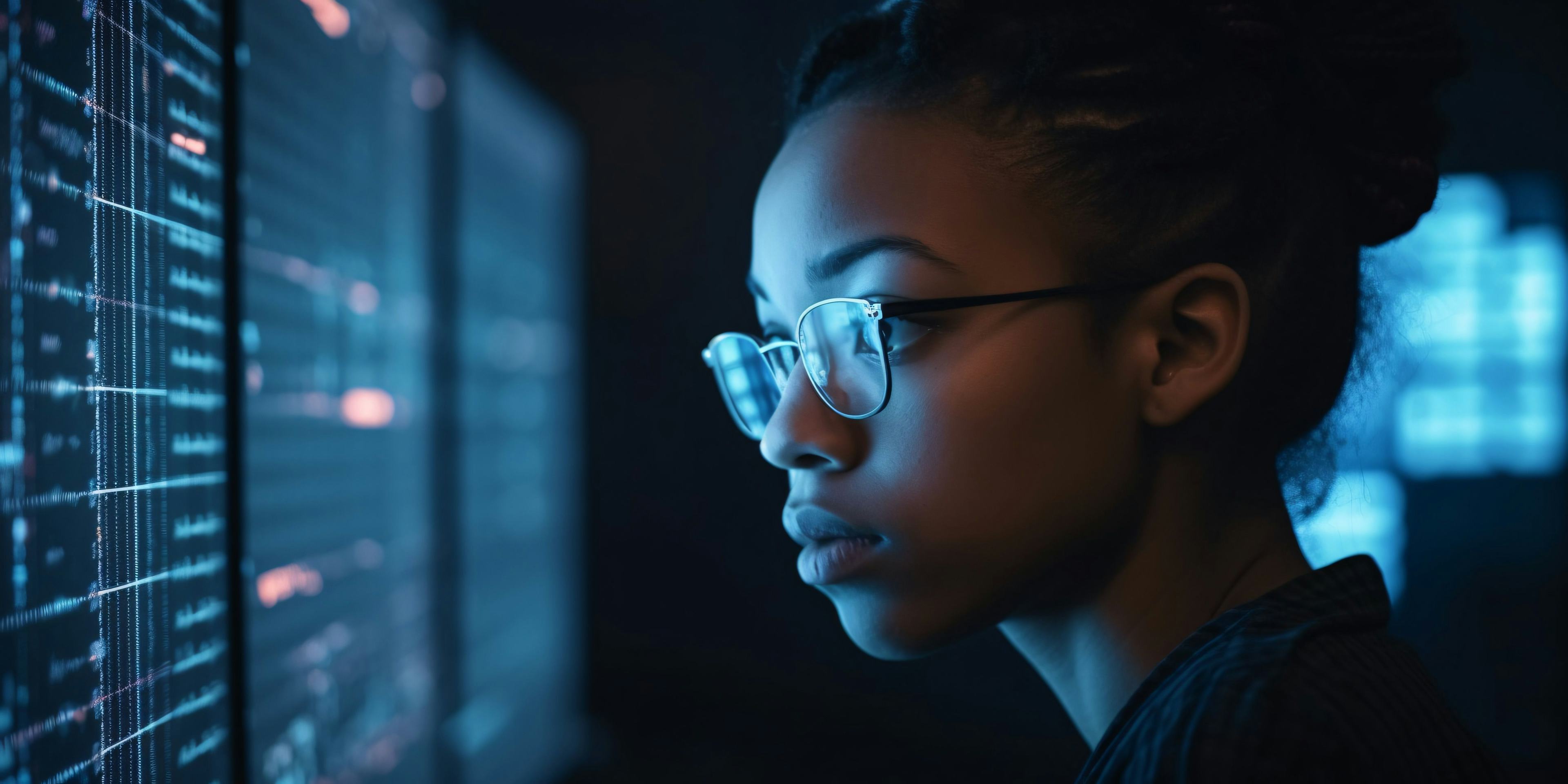 woman with glasses looking at a screen 