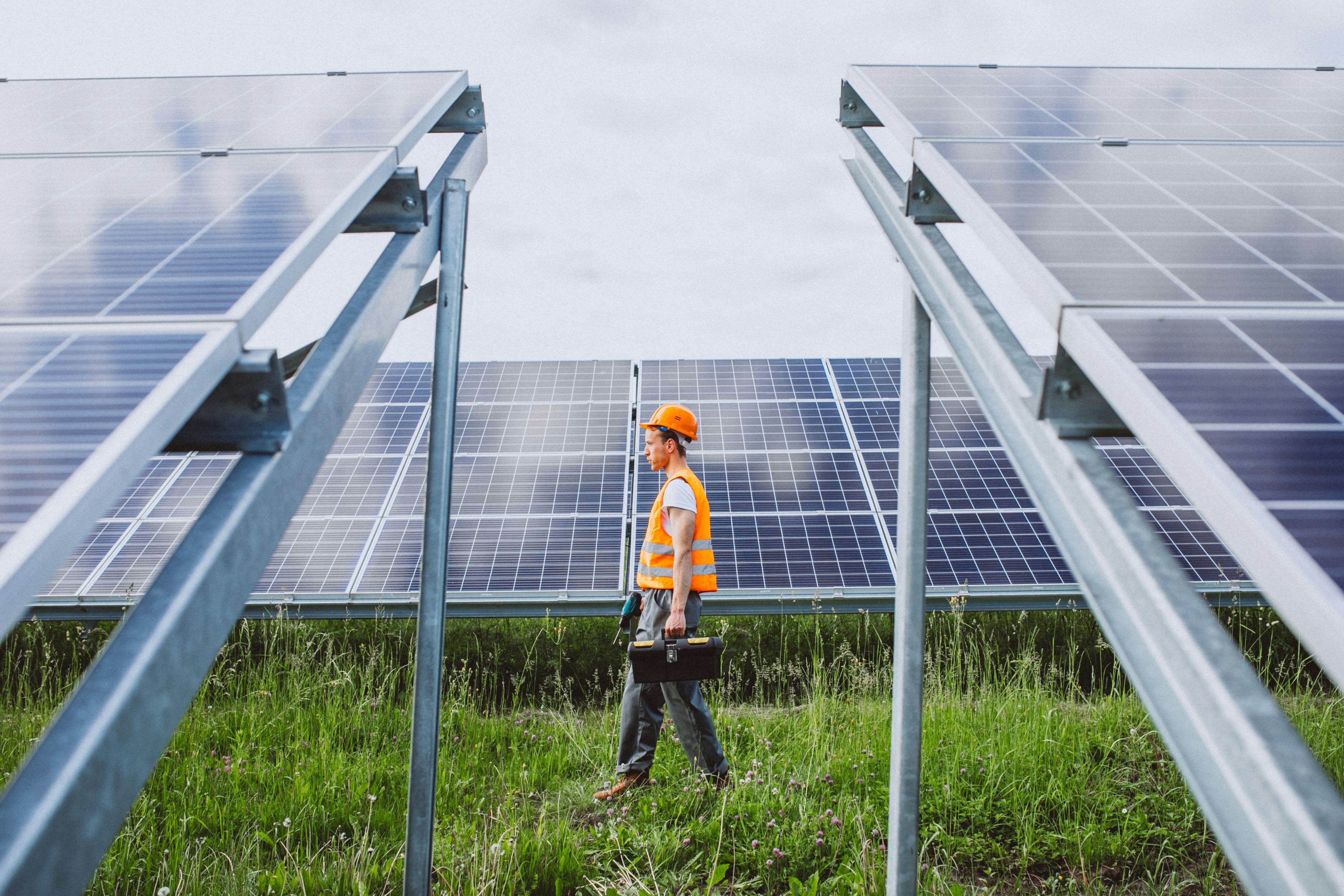 worker walking amongst a field of solar panels with tool box in hand and wearing hard hat and fluorescent orange vest