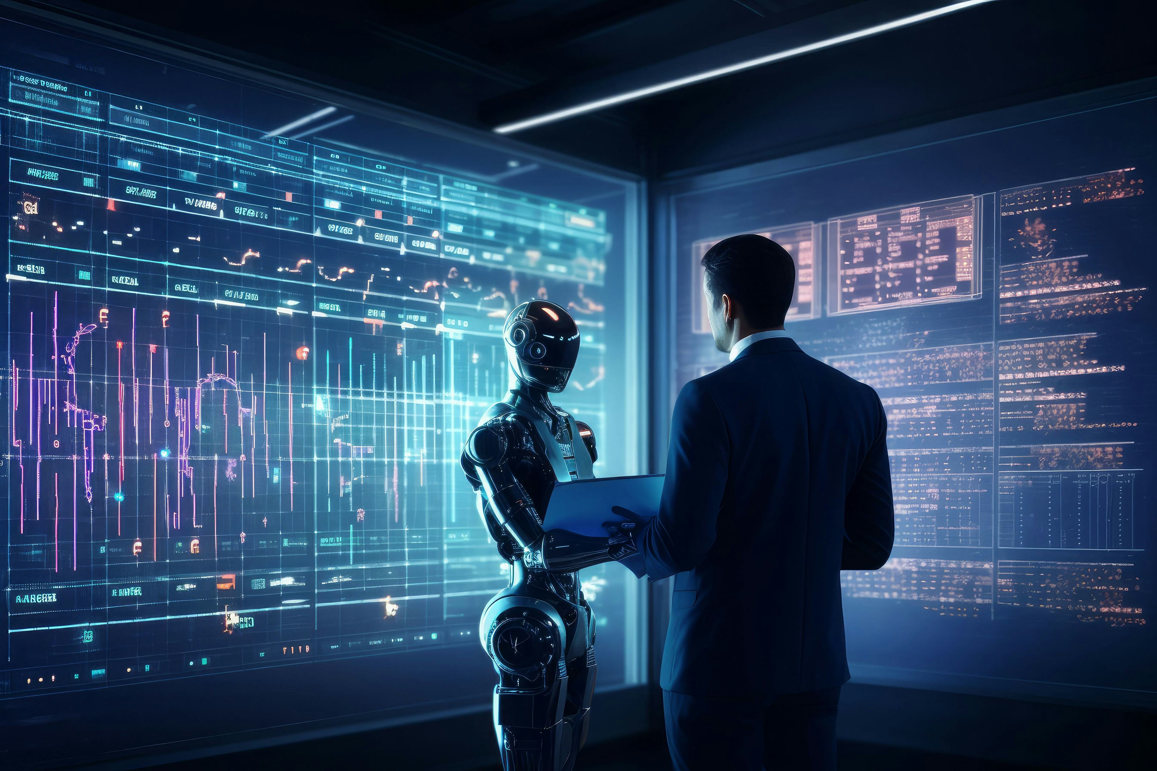 businessman standing across from ai robot surrounded by screens with data