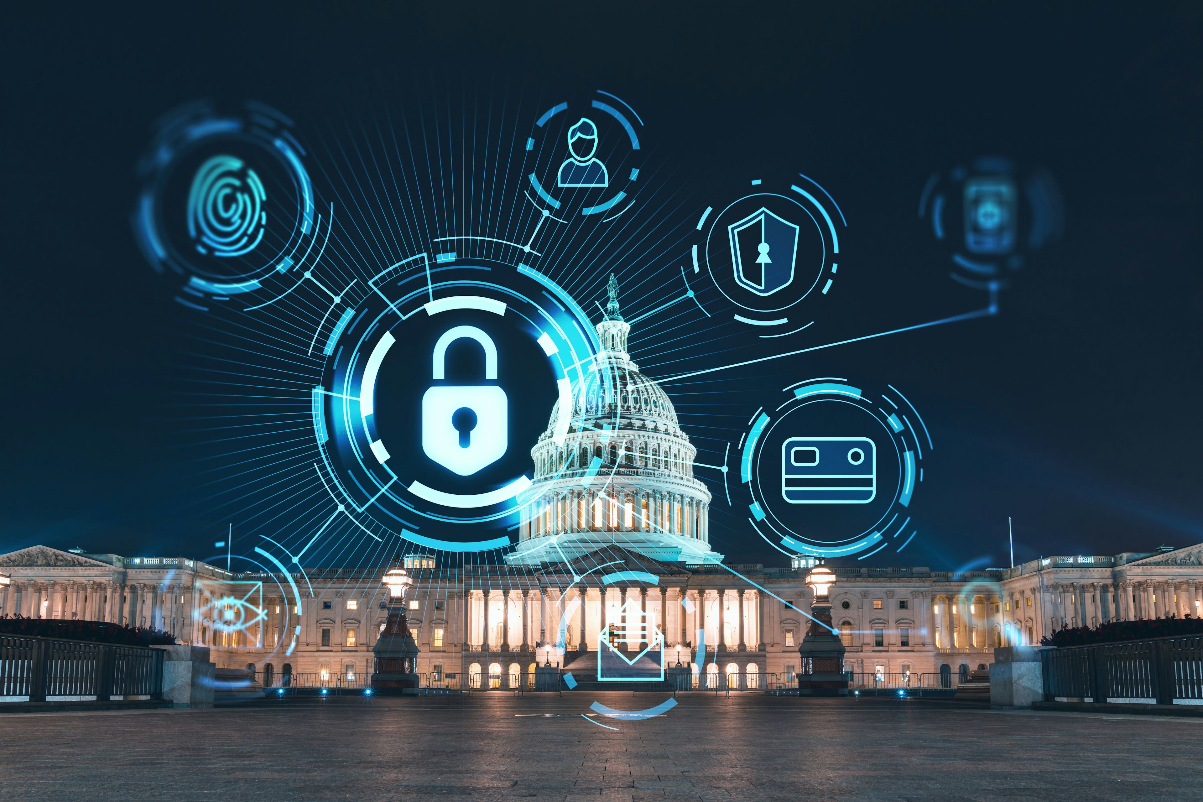 front view of Capitol Hill with cybersecurity lock, fingerprint, card, shield and more icons