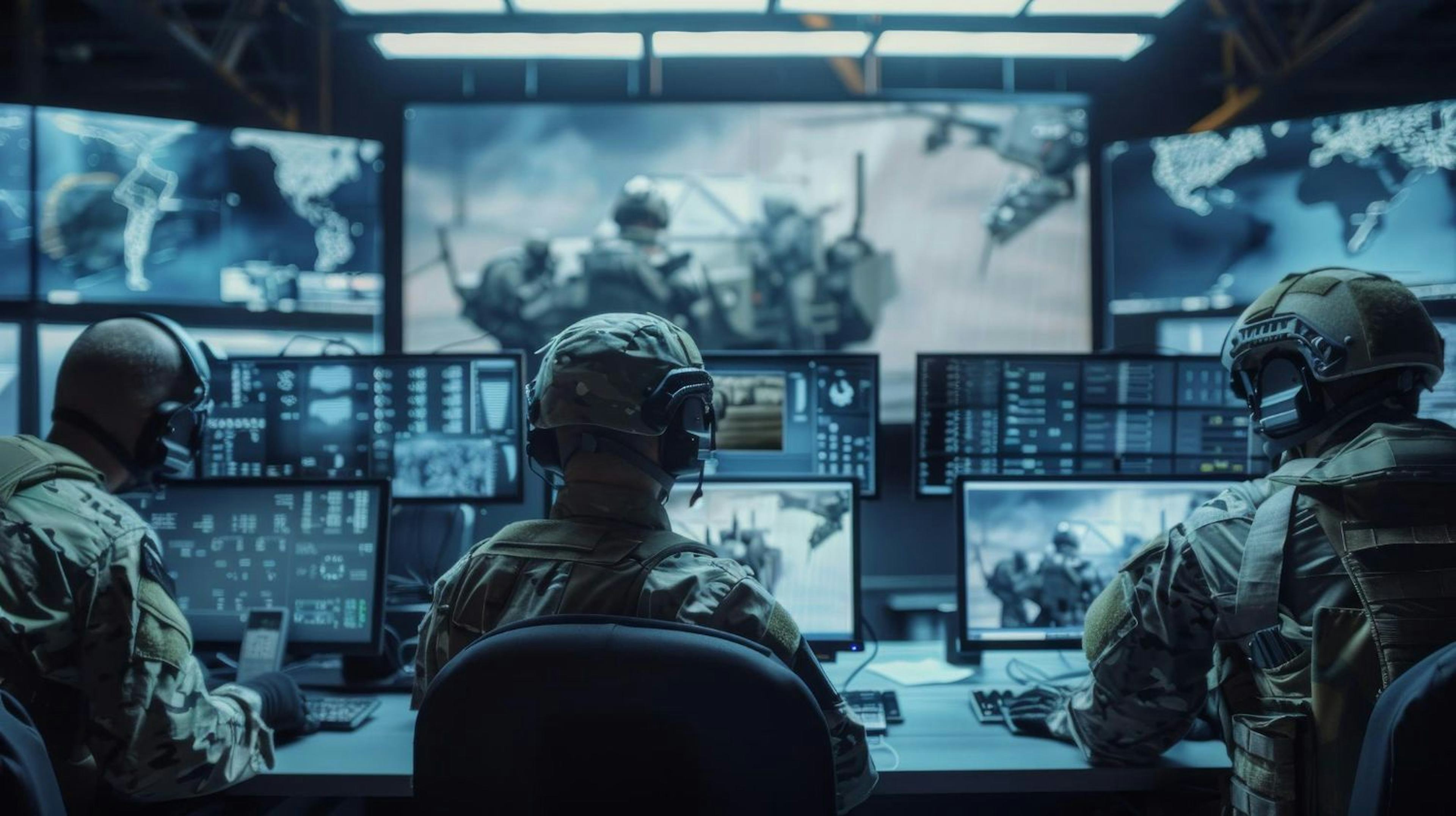 In the Office for Cyber Operations a military surveillance team monitors a target on a vehicle continuously from a satellite