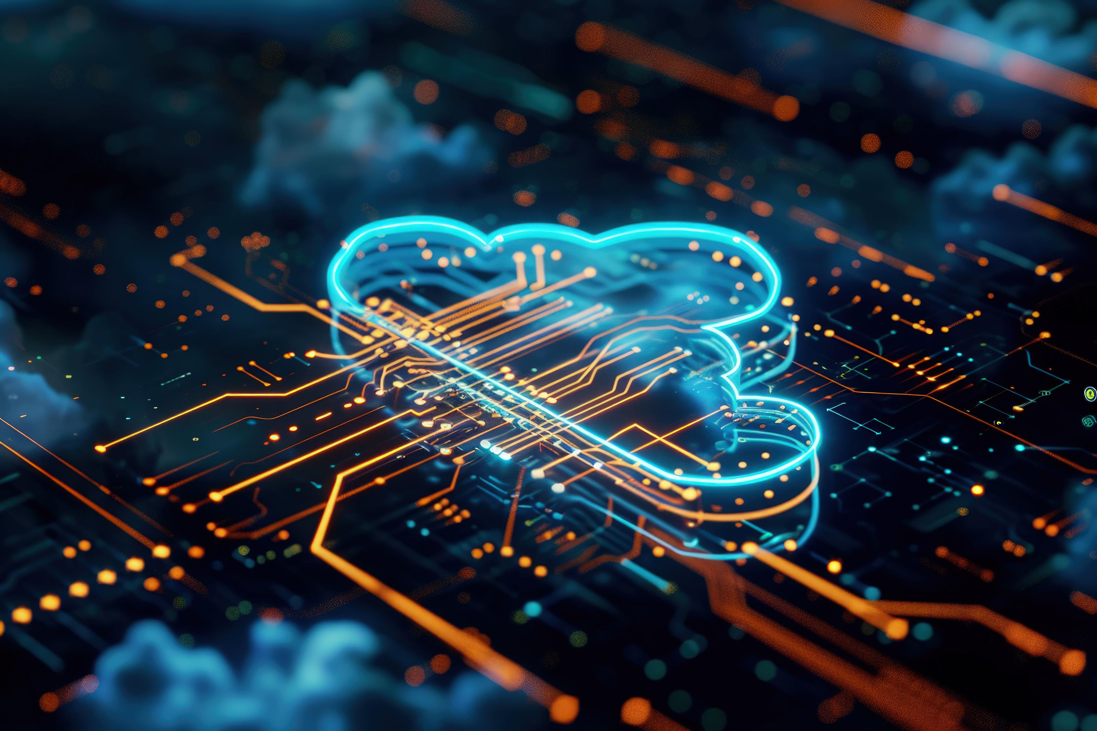 futuristic hologram of a cloud icon enveloped in blue and golden digital light symbolizing the essence of cloud computing The background AI Generative