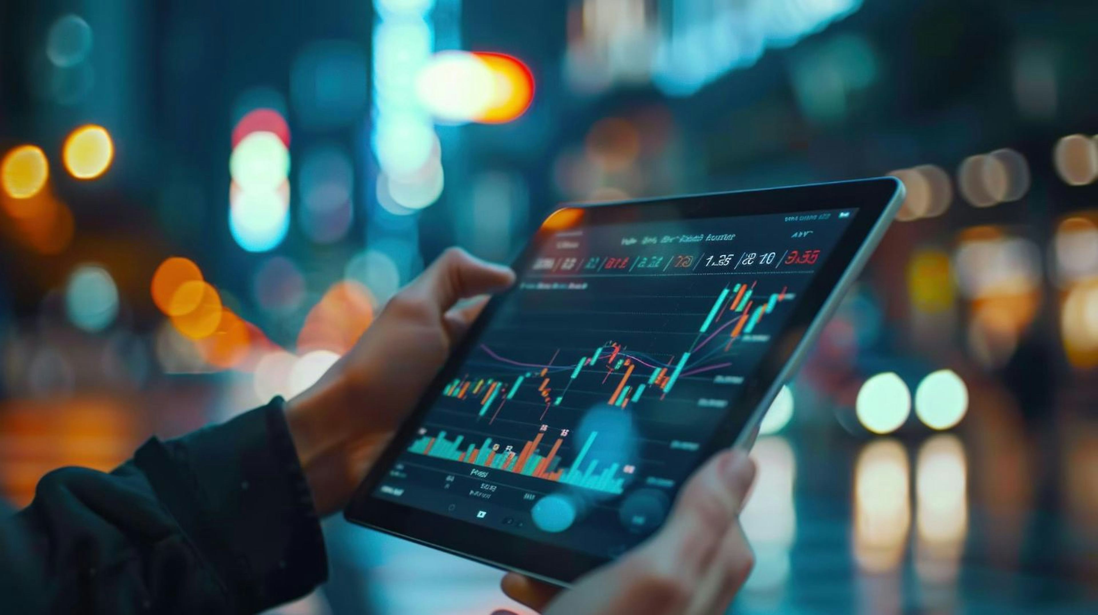 Closeup hand of a businessman Professional Trader Holding a Tablet Computer with Stock Market Analyt