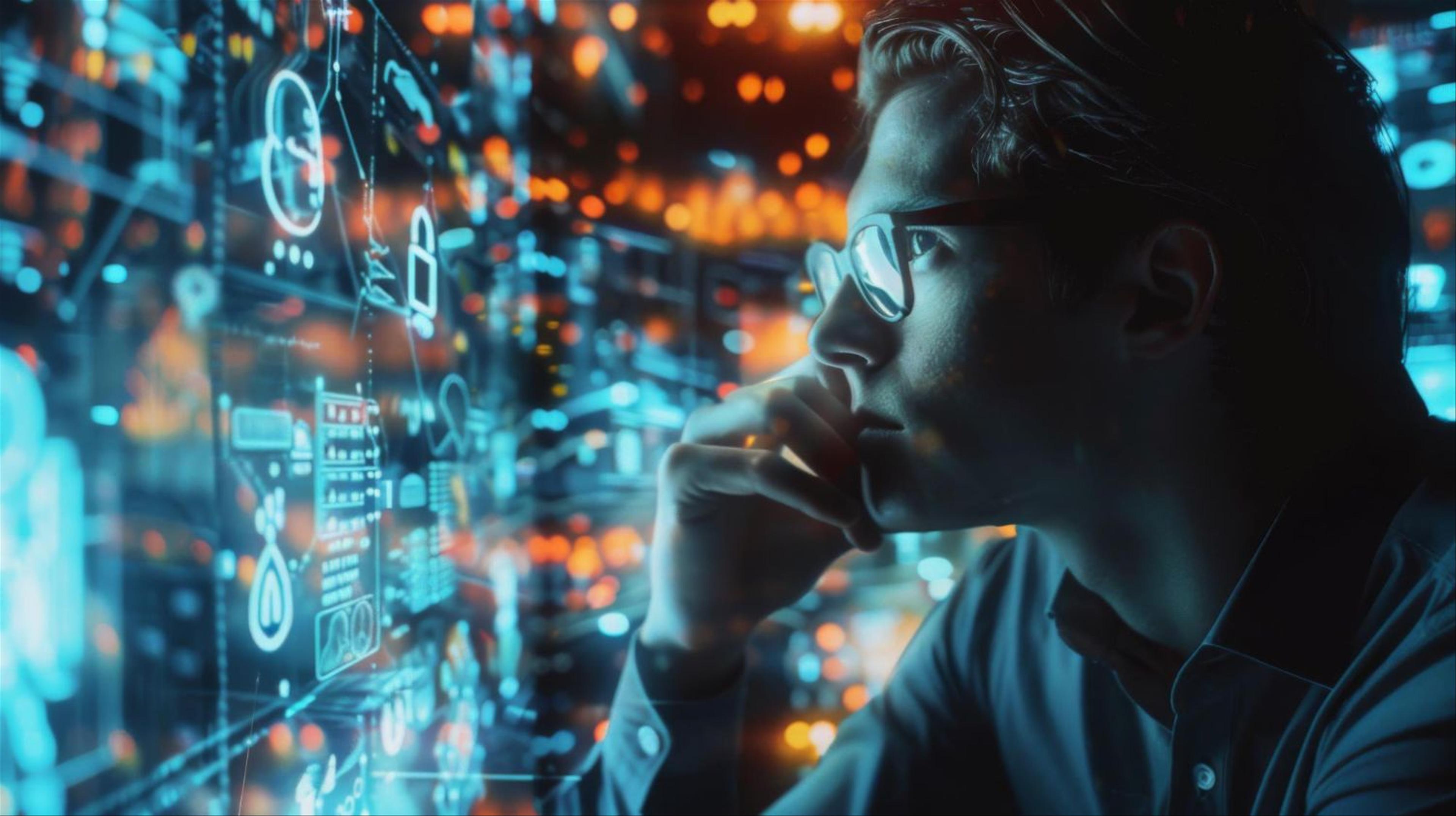 A person analyzing a holographic projection of a complex business graph exploring different scenarios for strategic planning