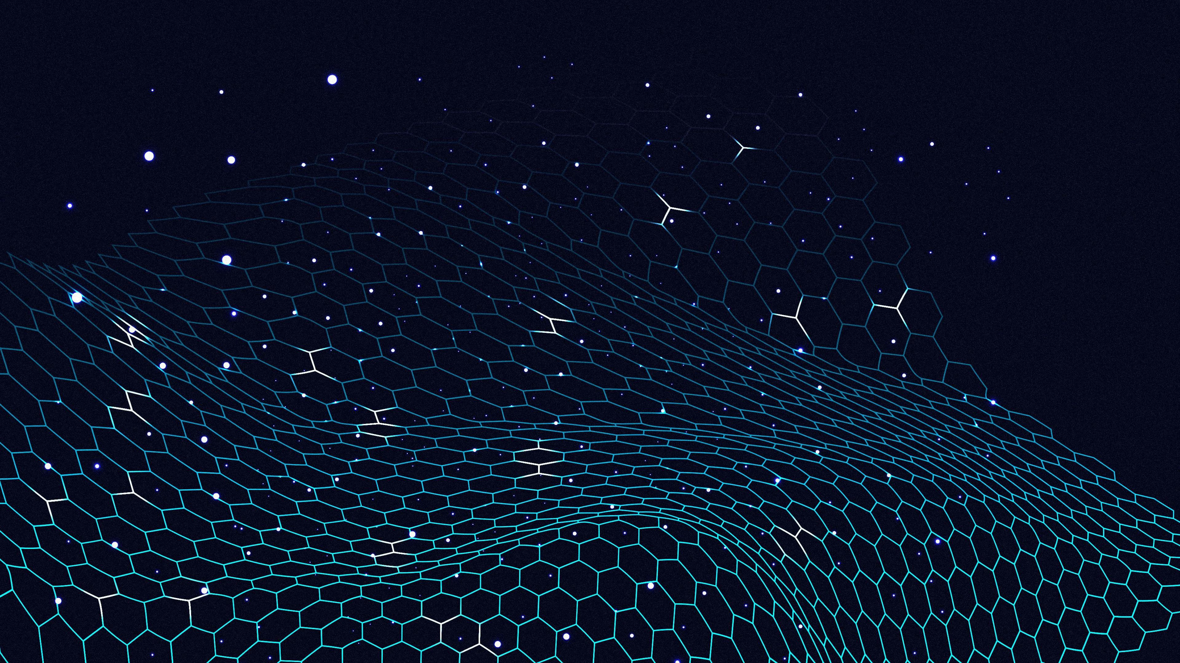 network of blue hexagon shapes on black background