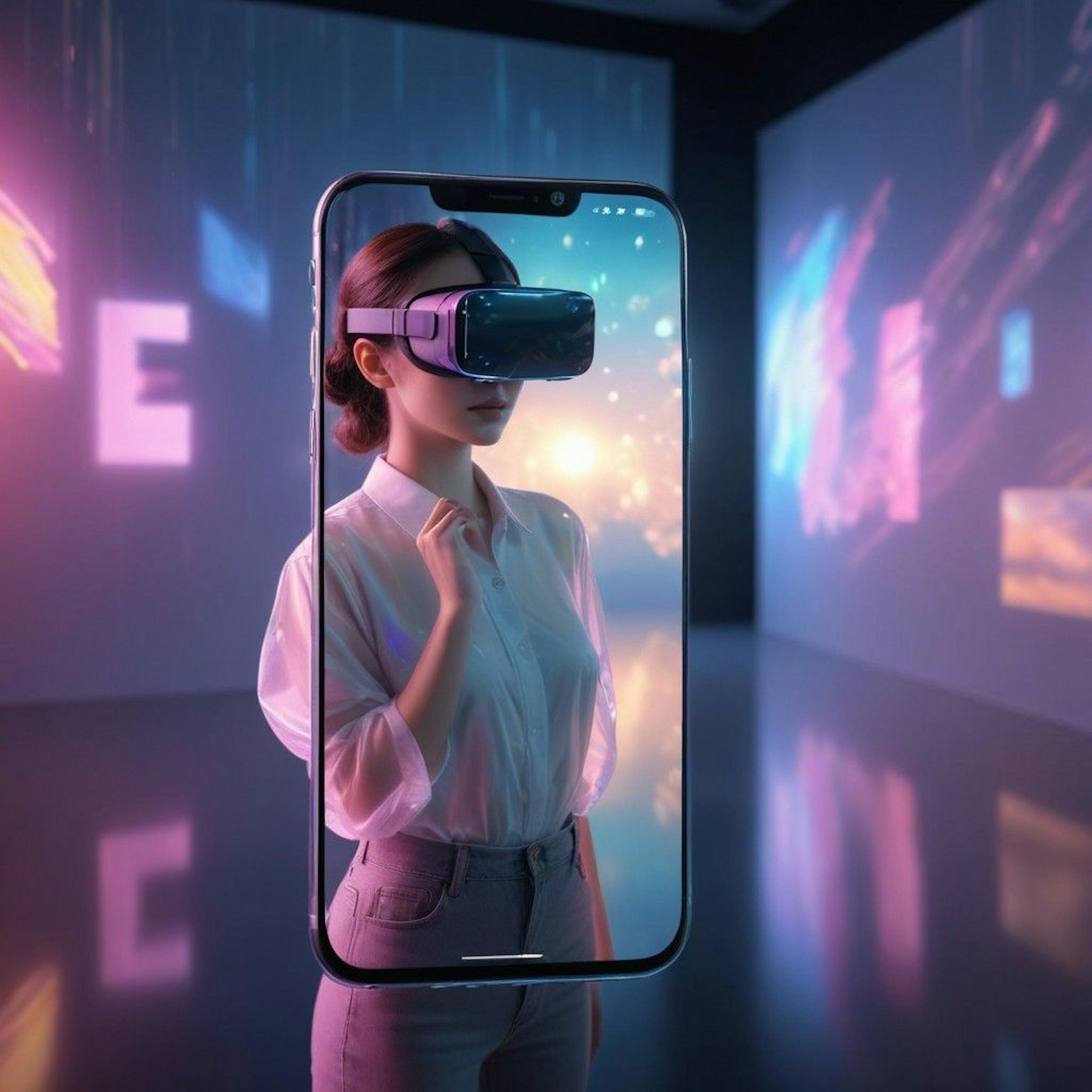 hyperrealistic woman wearing augmented reality and virtual reality headset in mobile phone