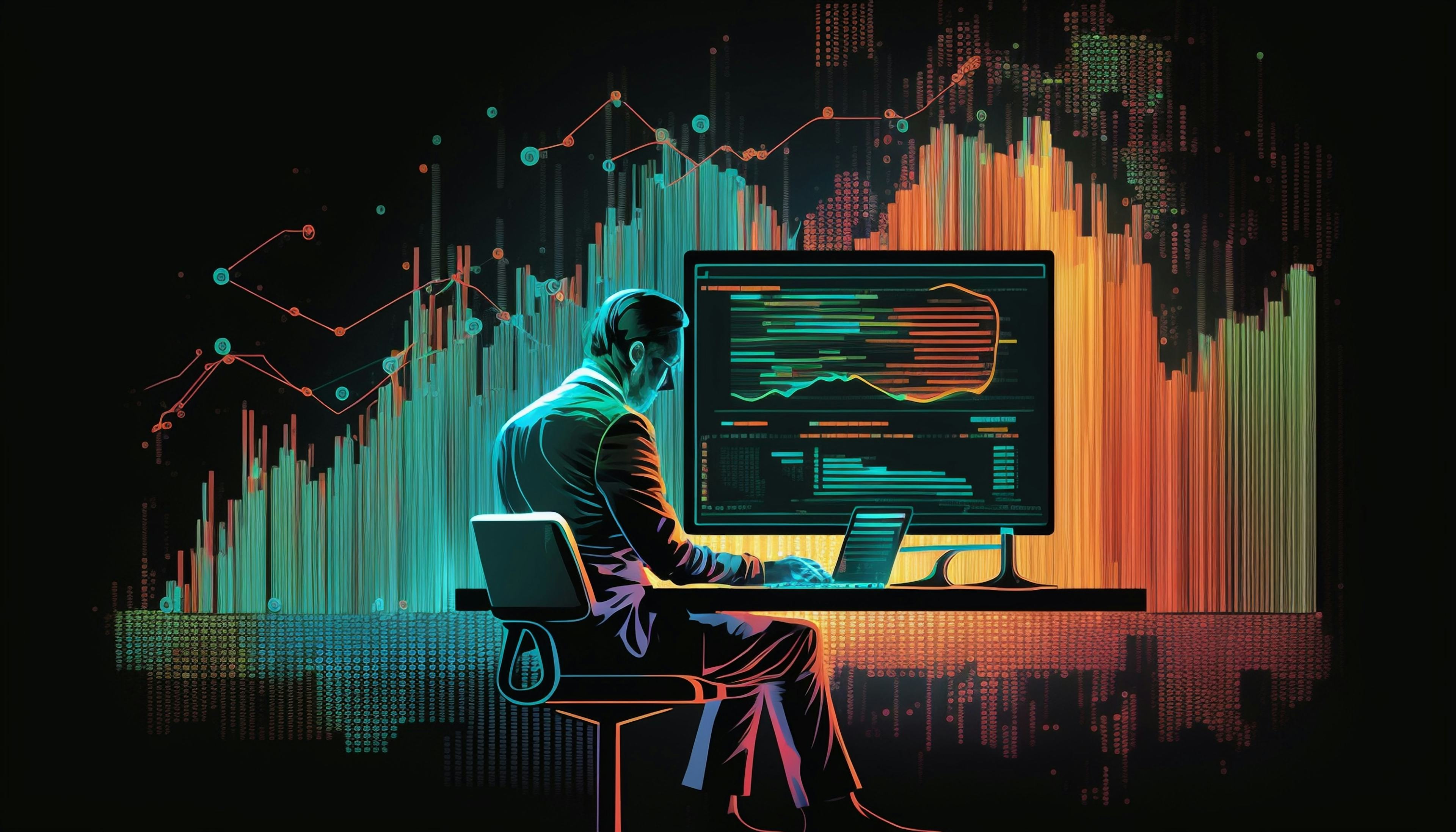 A man sits at a desk in front of a computer screen that says'data analysis