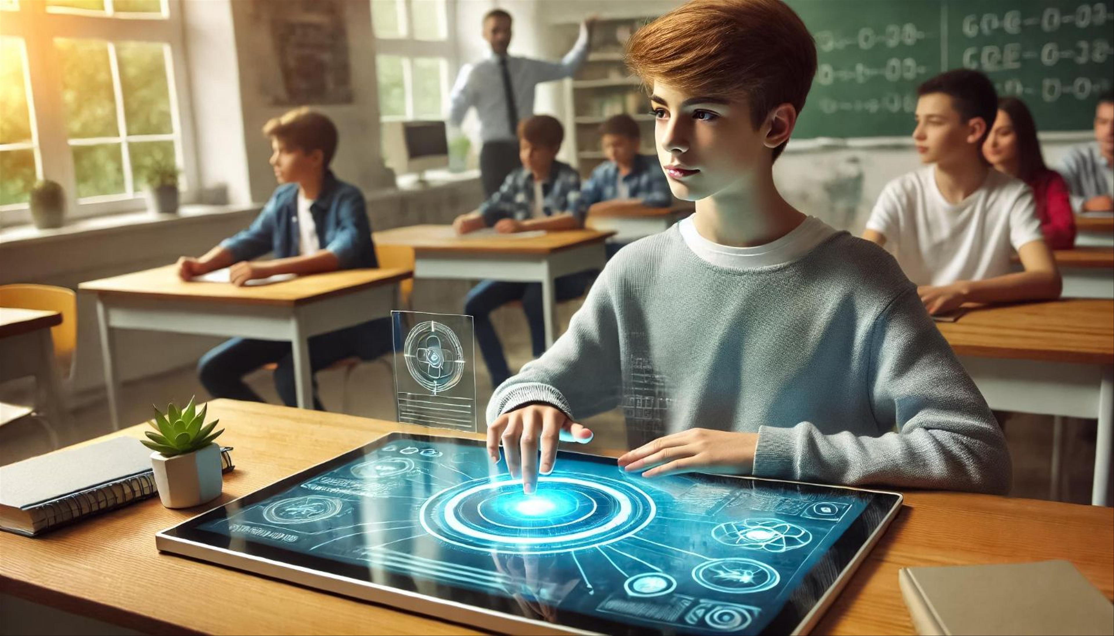 Students engaging with futuristic touchscreen desks