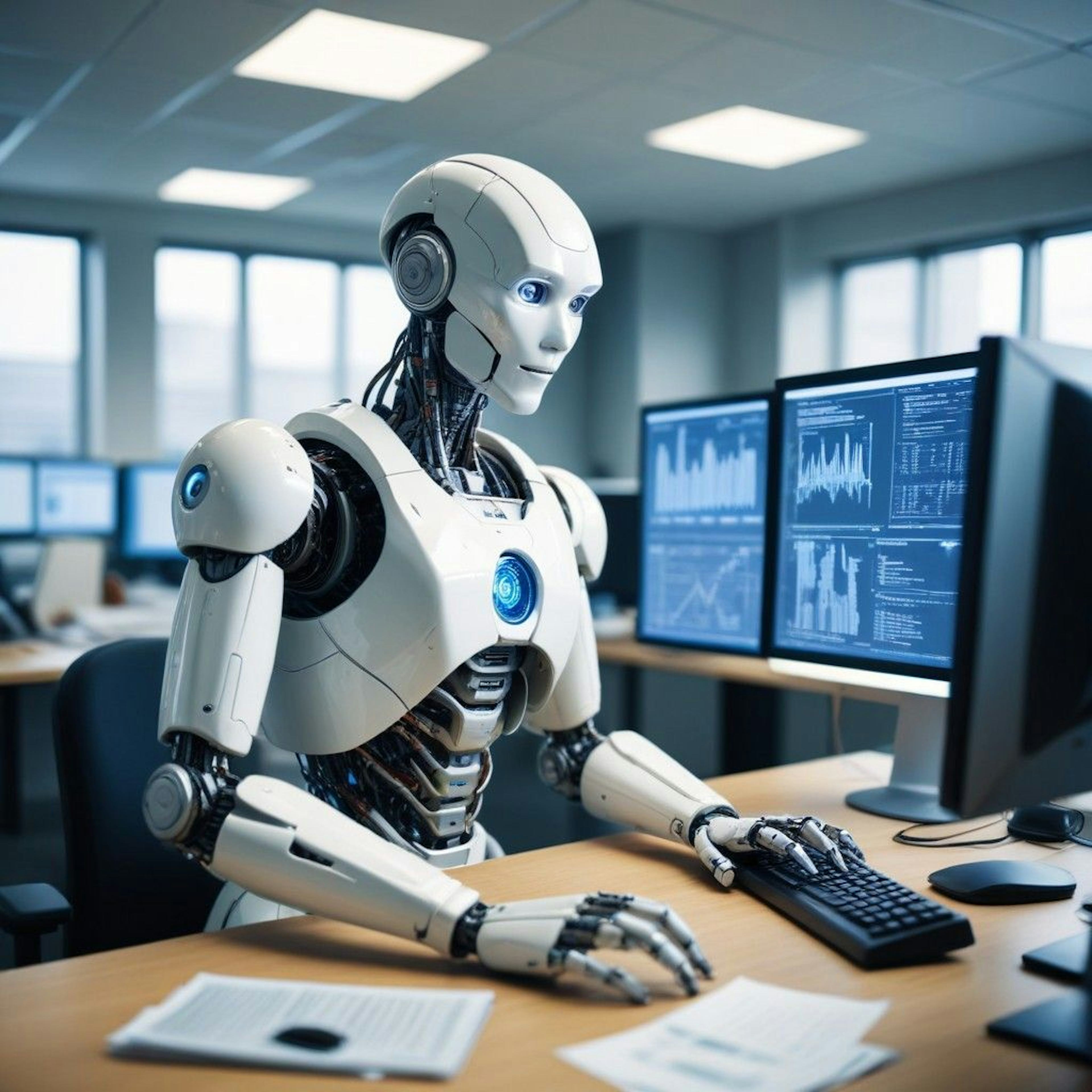 artificial intelligence robot working with financial info on computer screen in brightly lit office environment