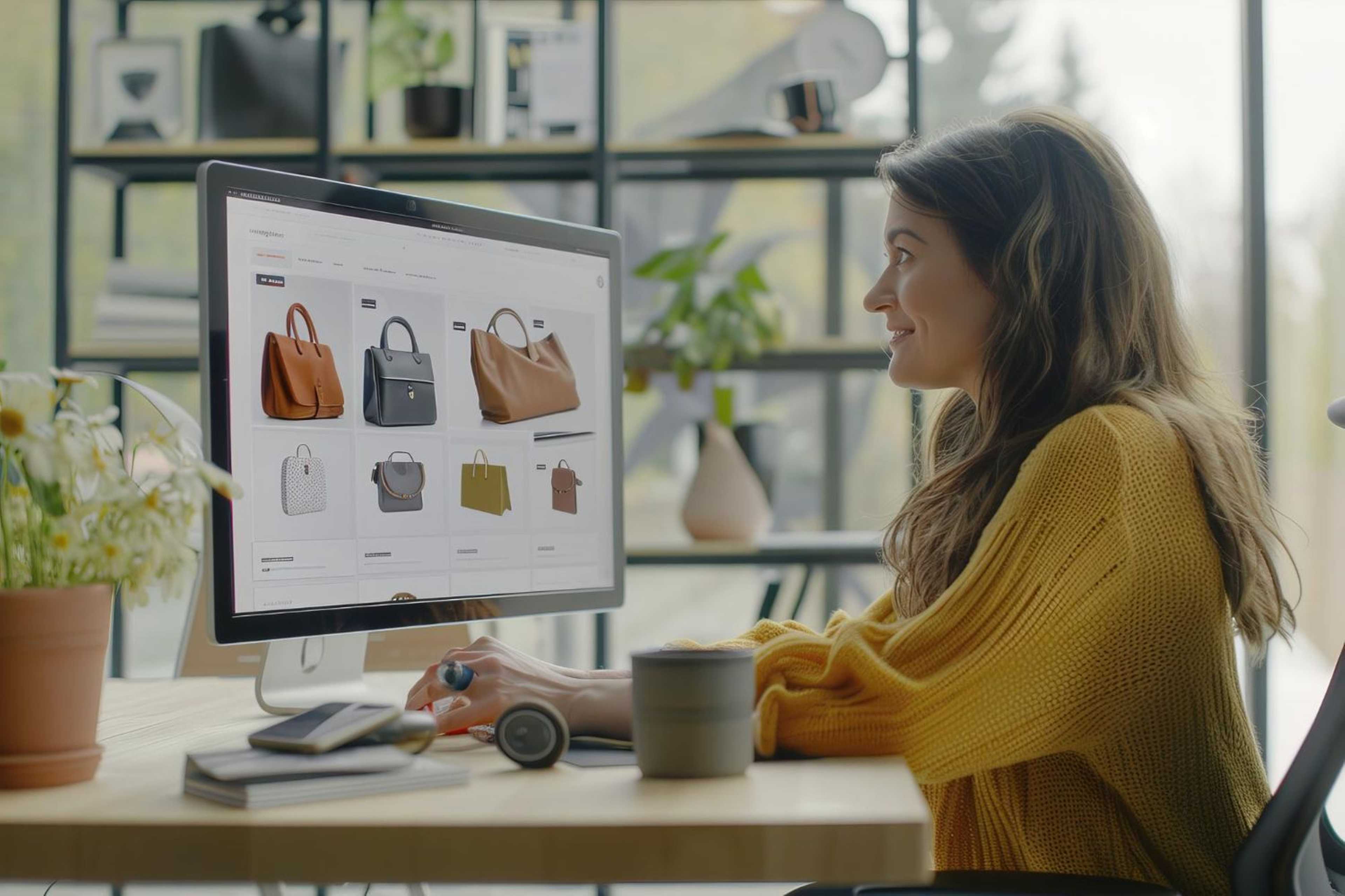 Woman shopping online for bags using a desktop computer