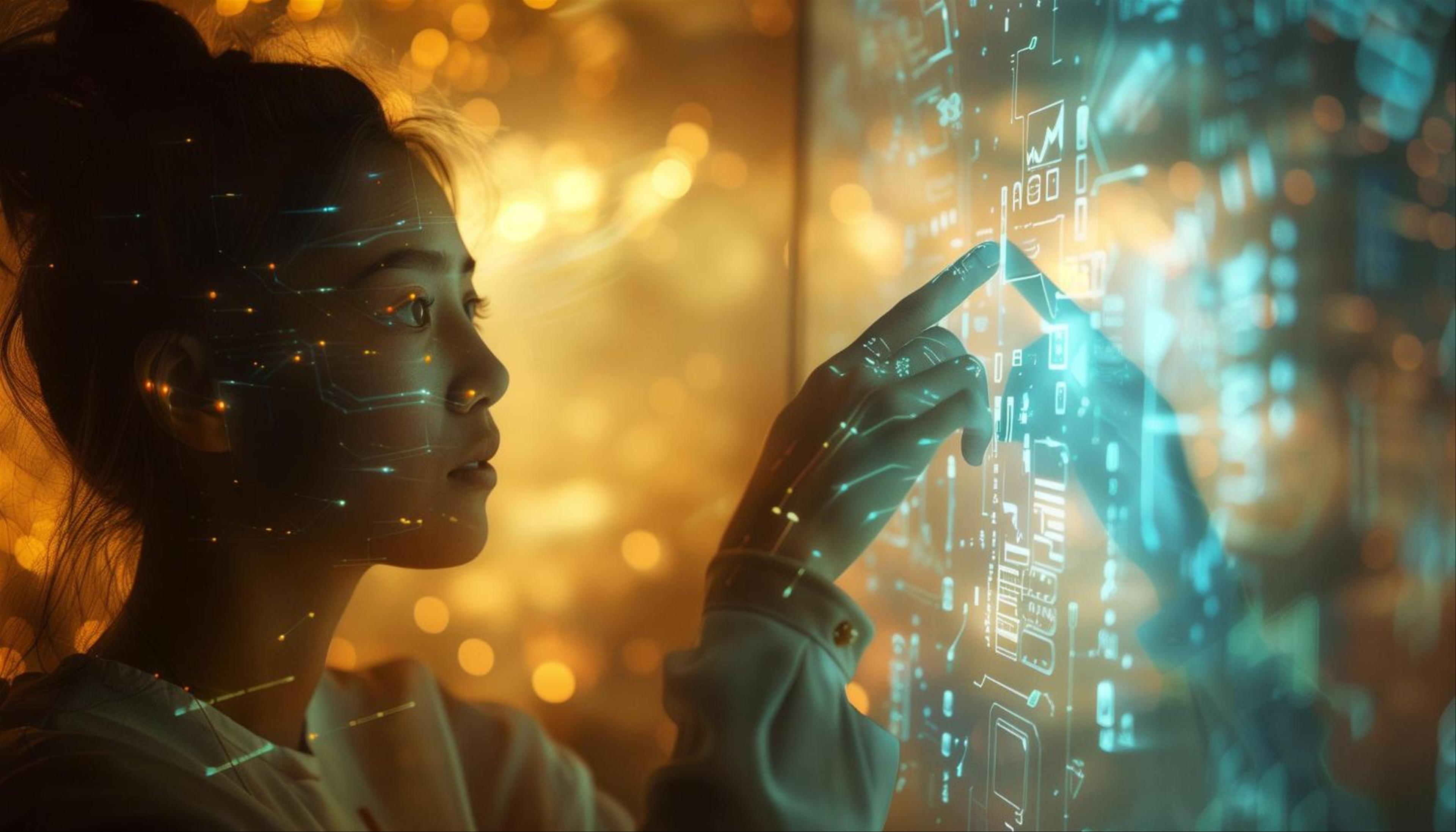 Woman pressing icon on a glowing virtual screen