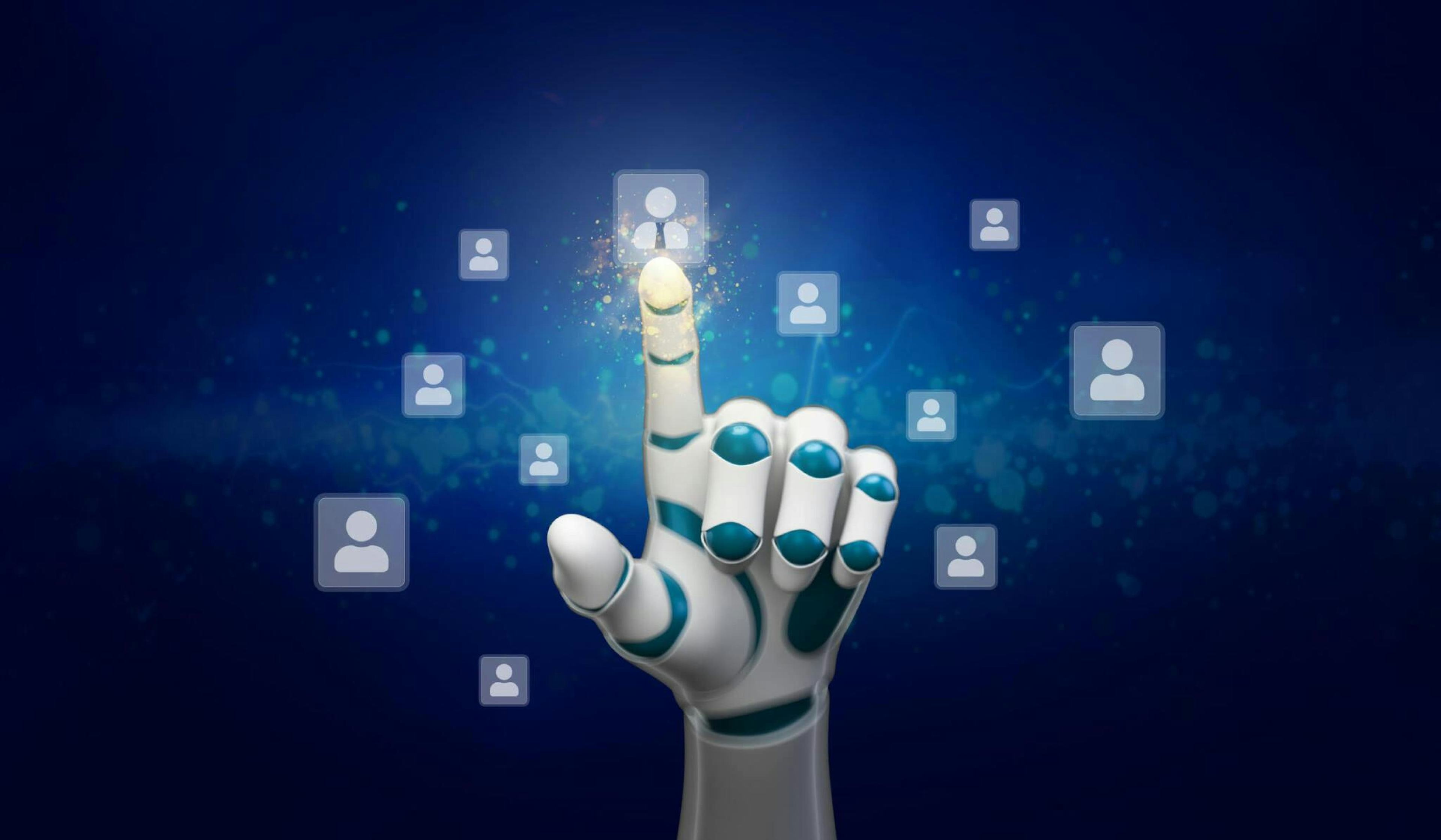 A robot hand and virtual profile icons