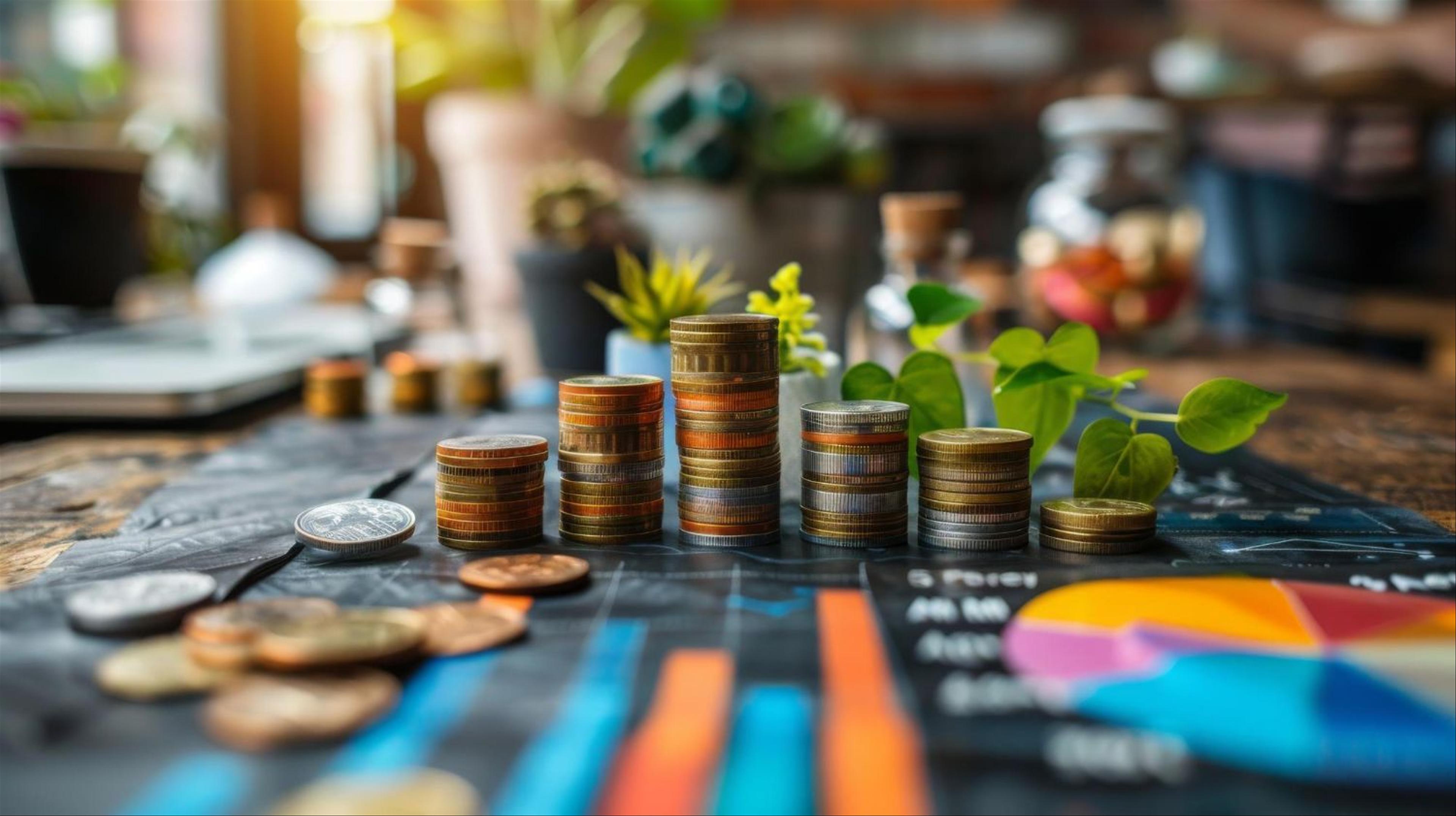 Stacks of coins and growing plants with financial charts representing business growth