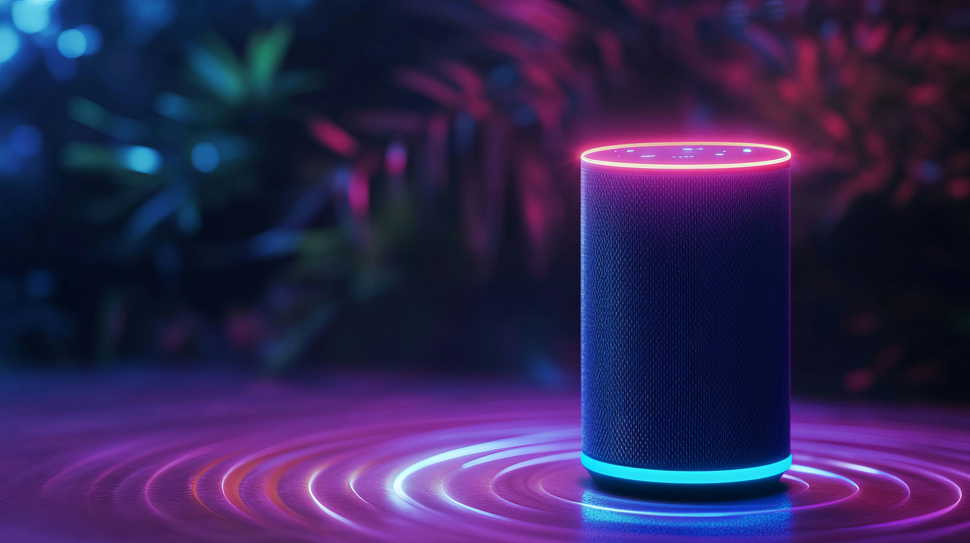 A smart speaker with glowing lights sits on a table with a blurred background