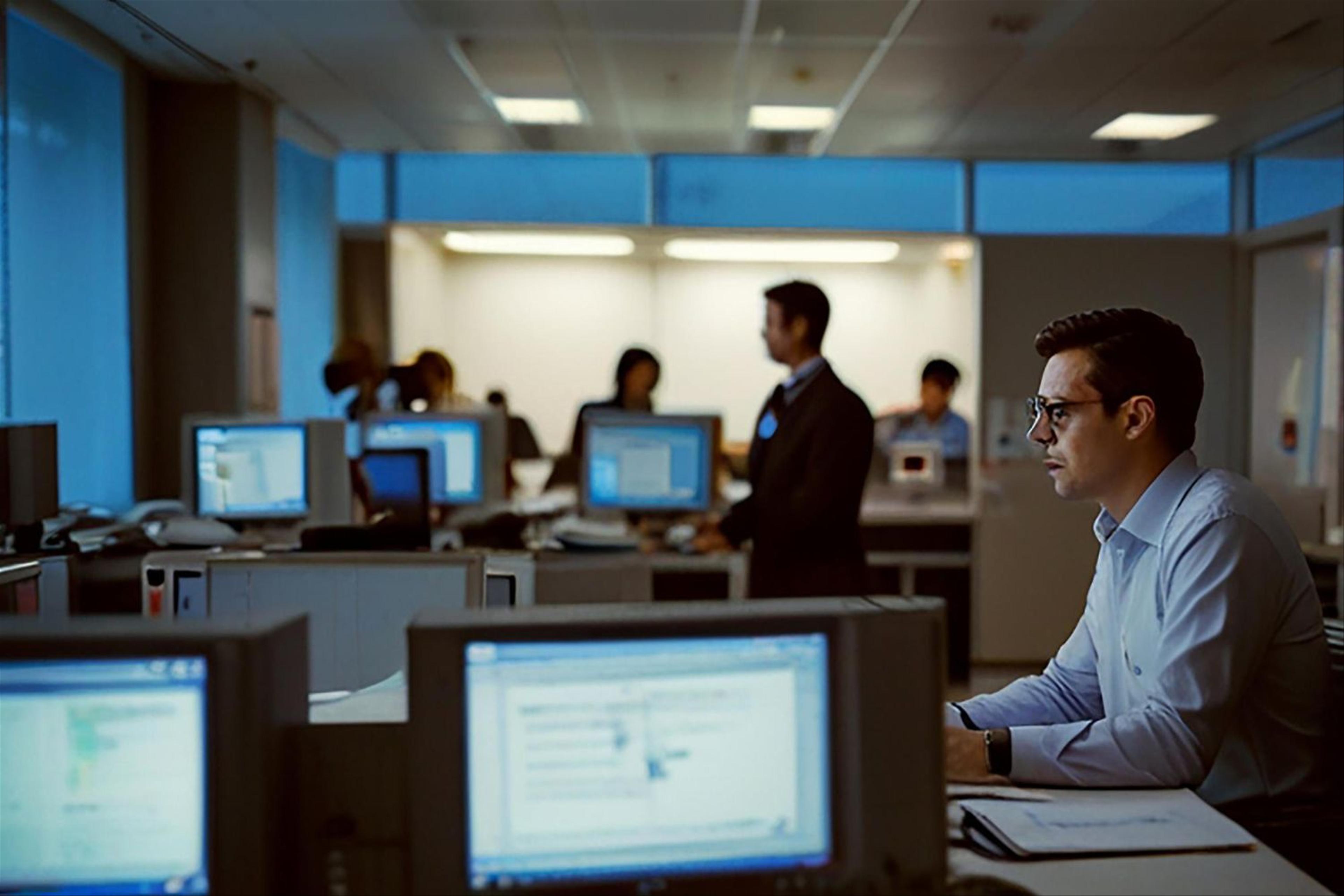 A man is sitting in front of a computer with a monitor