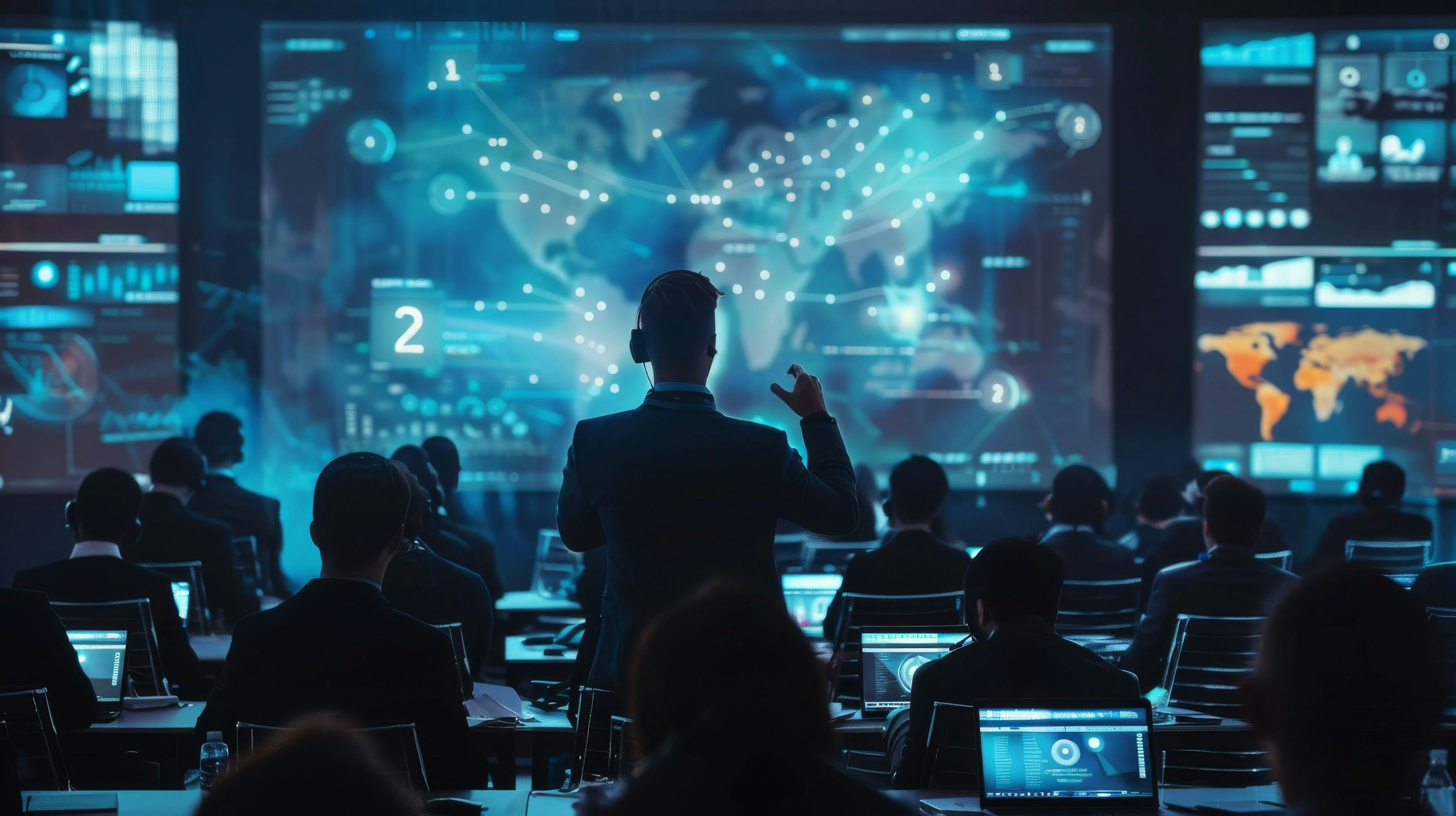 business man presenting to professionals in futuristic conference setting with data and graphics on screens