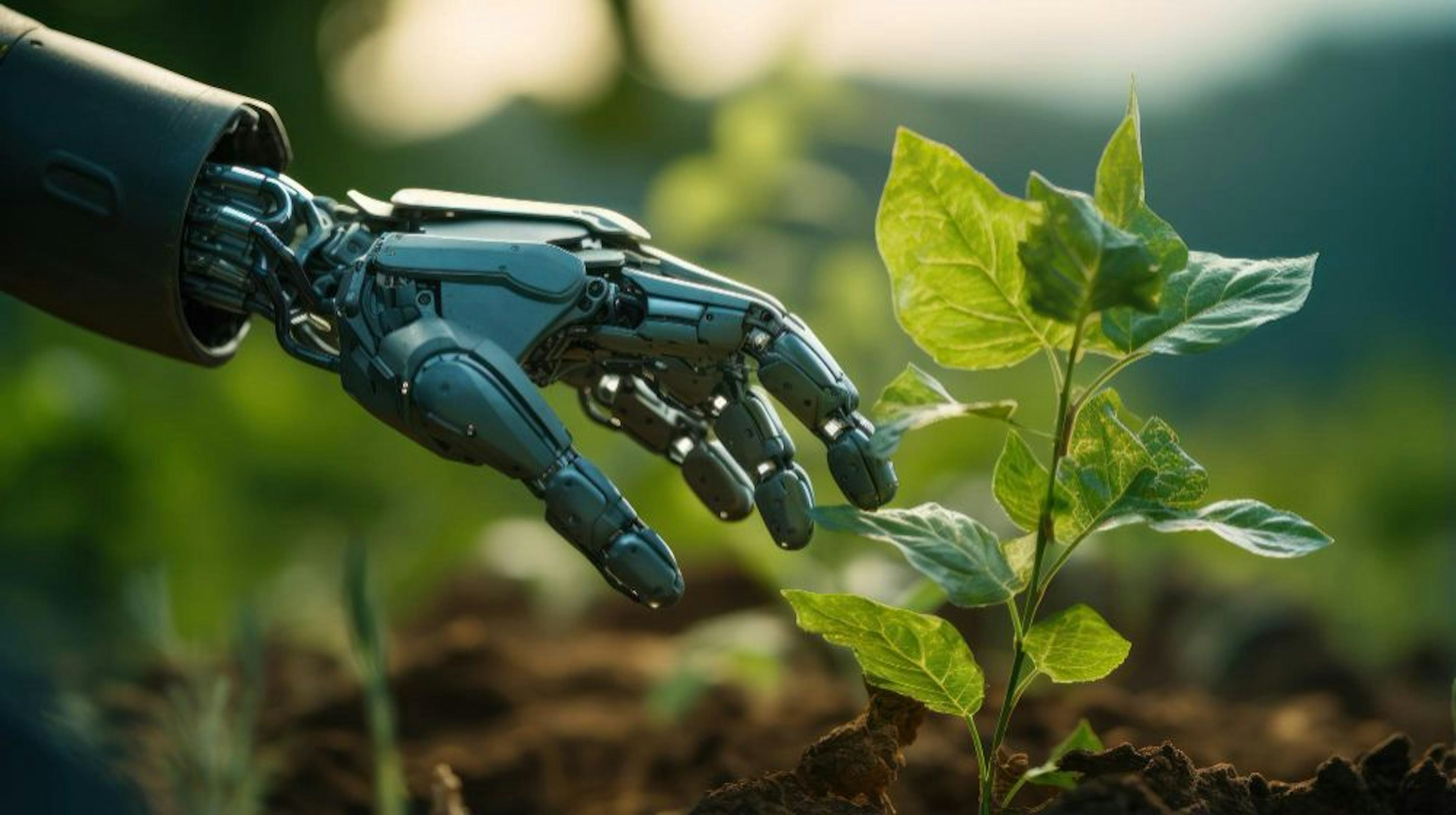 Robot hand touching small plant