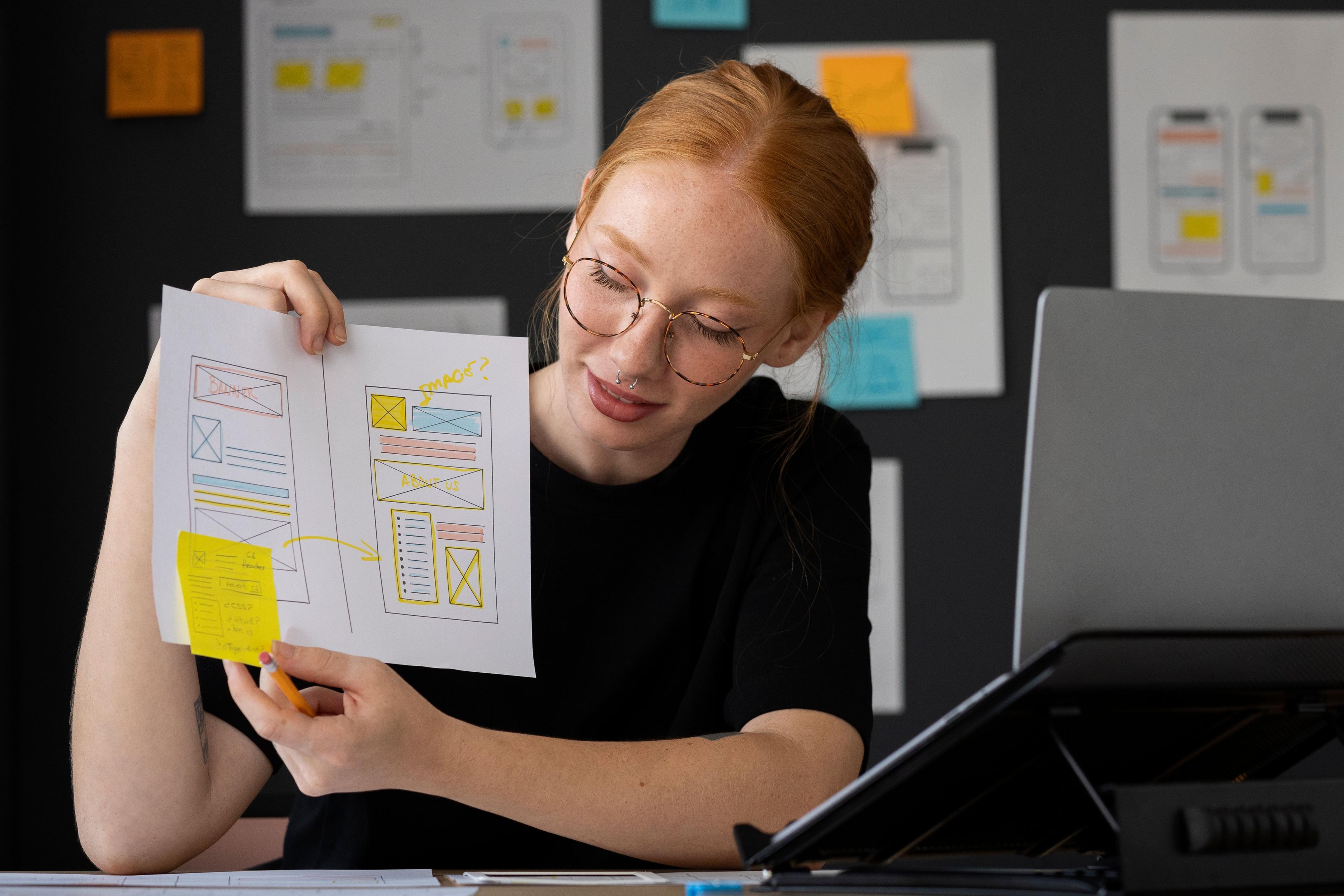 female product designer on showing wireframes to laptop