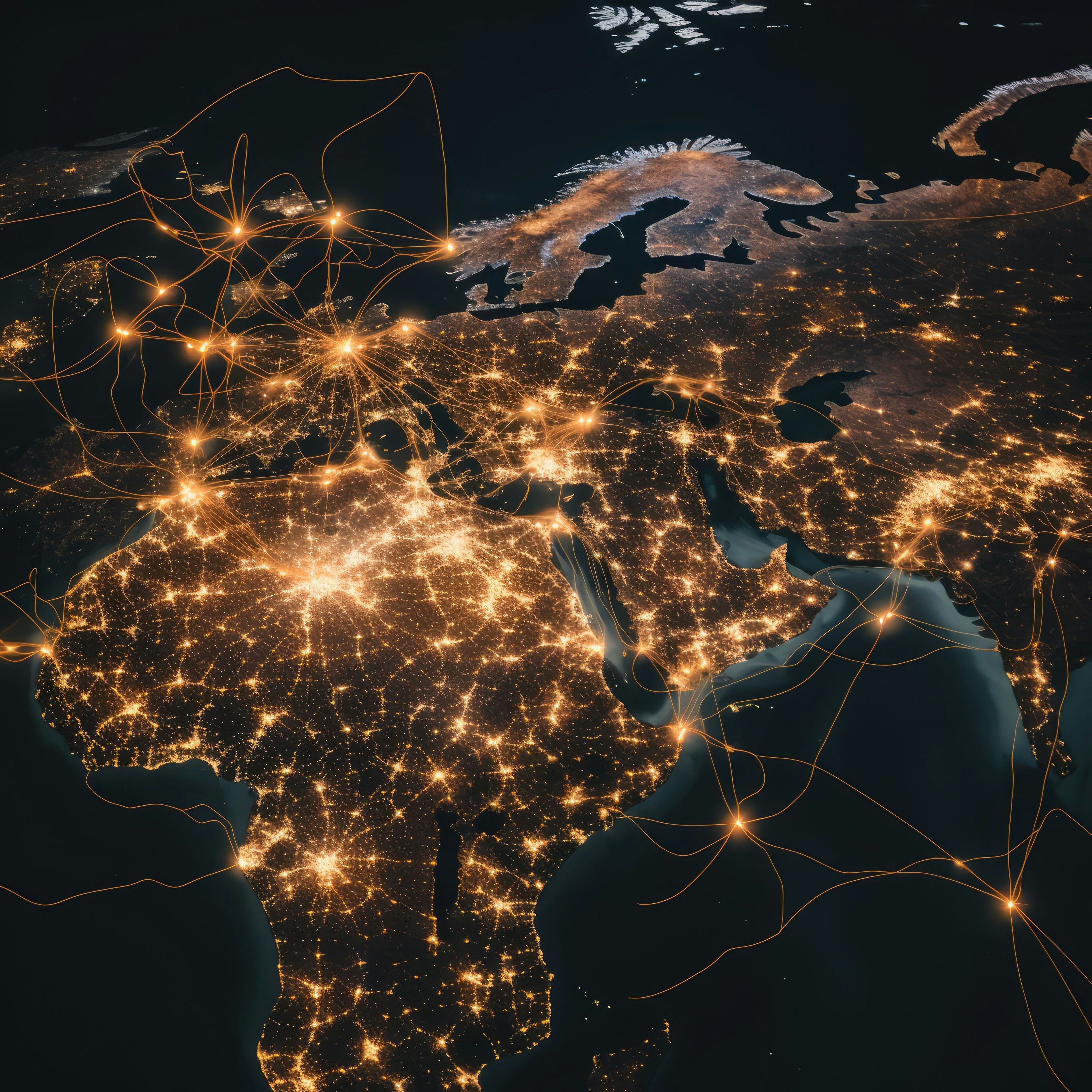 Map of globe with glowing pinpoints and connecting networks