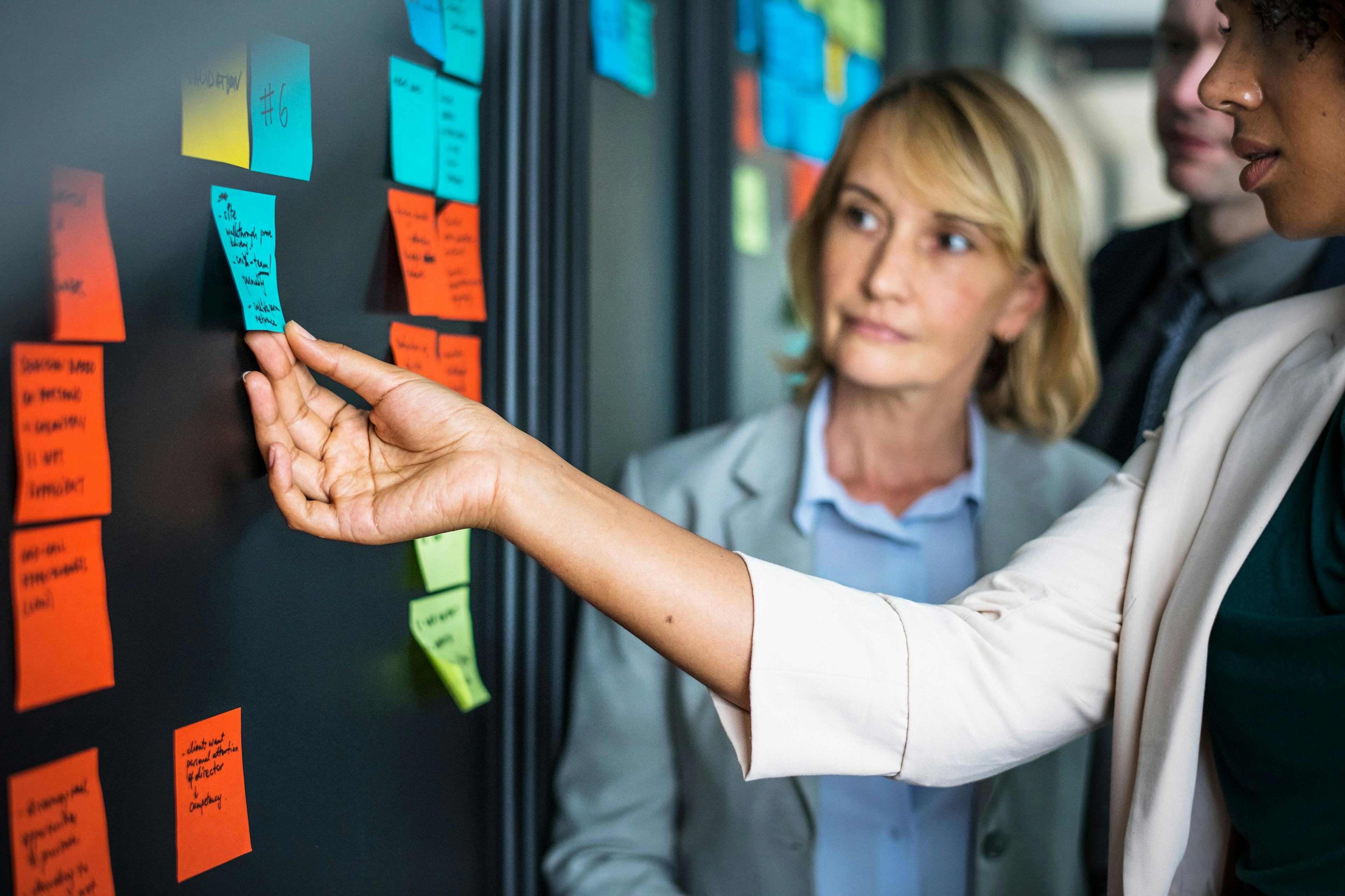 coworkers placing sticky notes on board of project progress