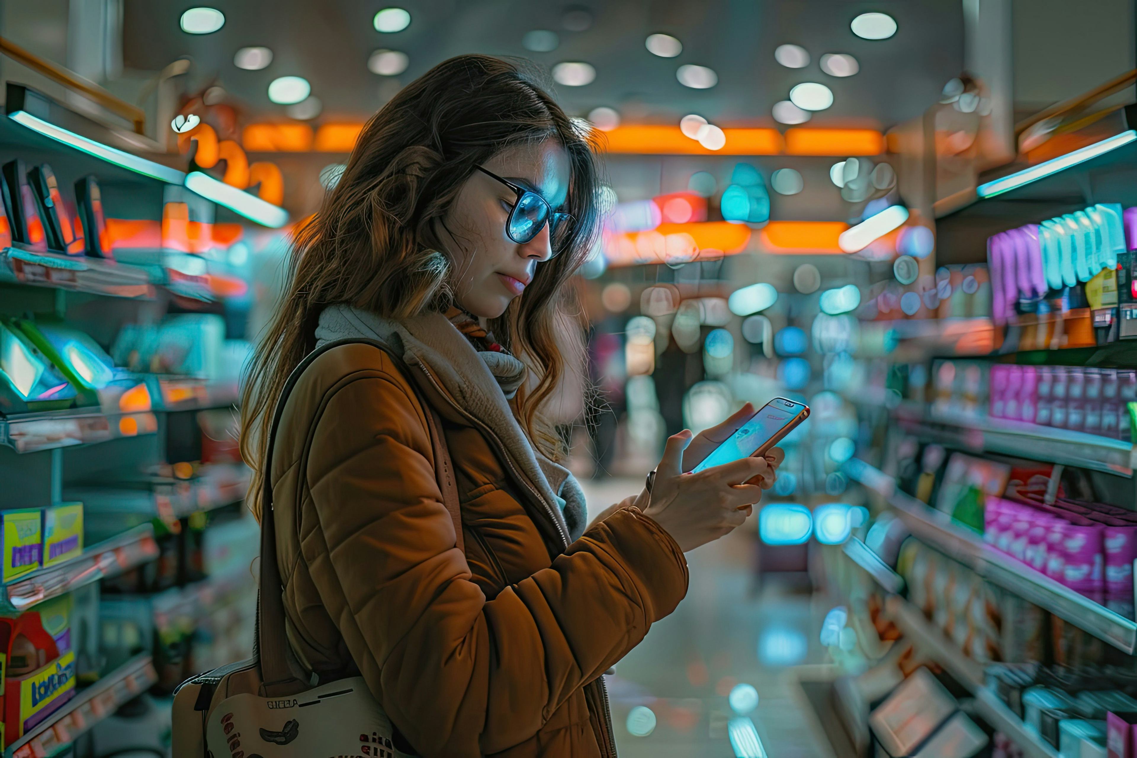 Woman Checking Her Phone in Retail Store Environment