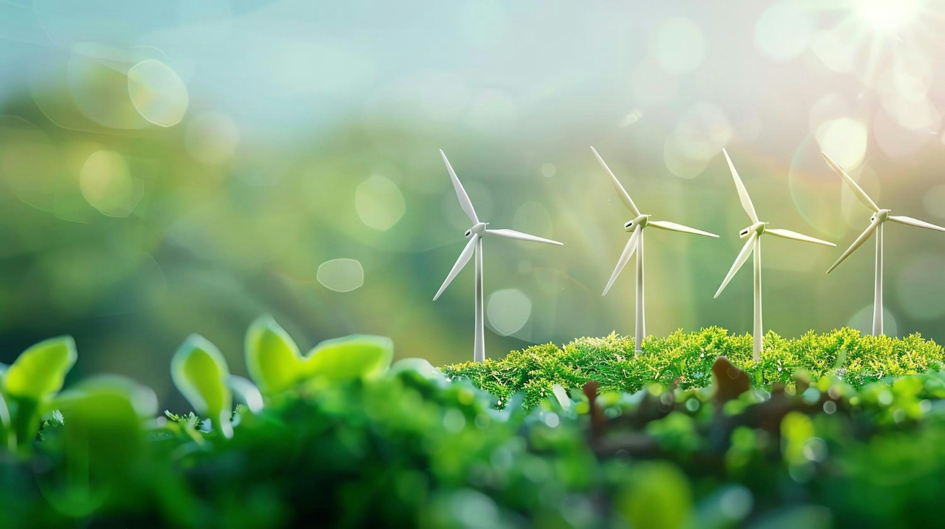 Wind turbines stand tall in a lush green field