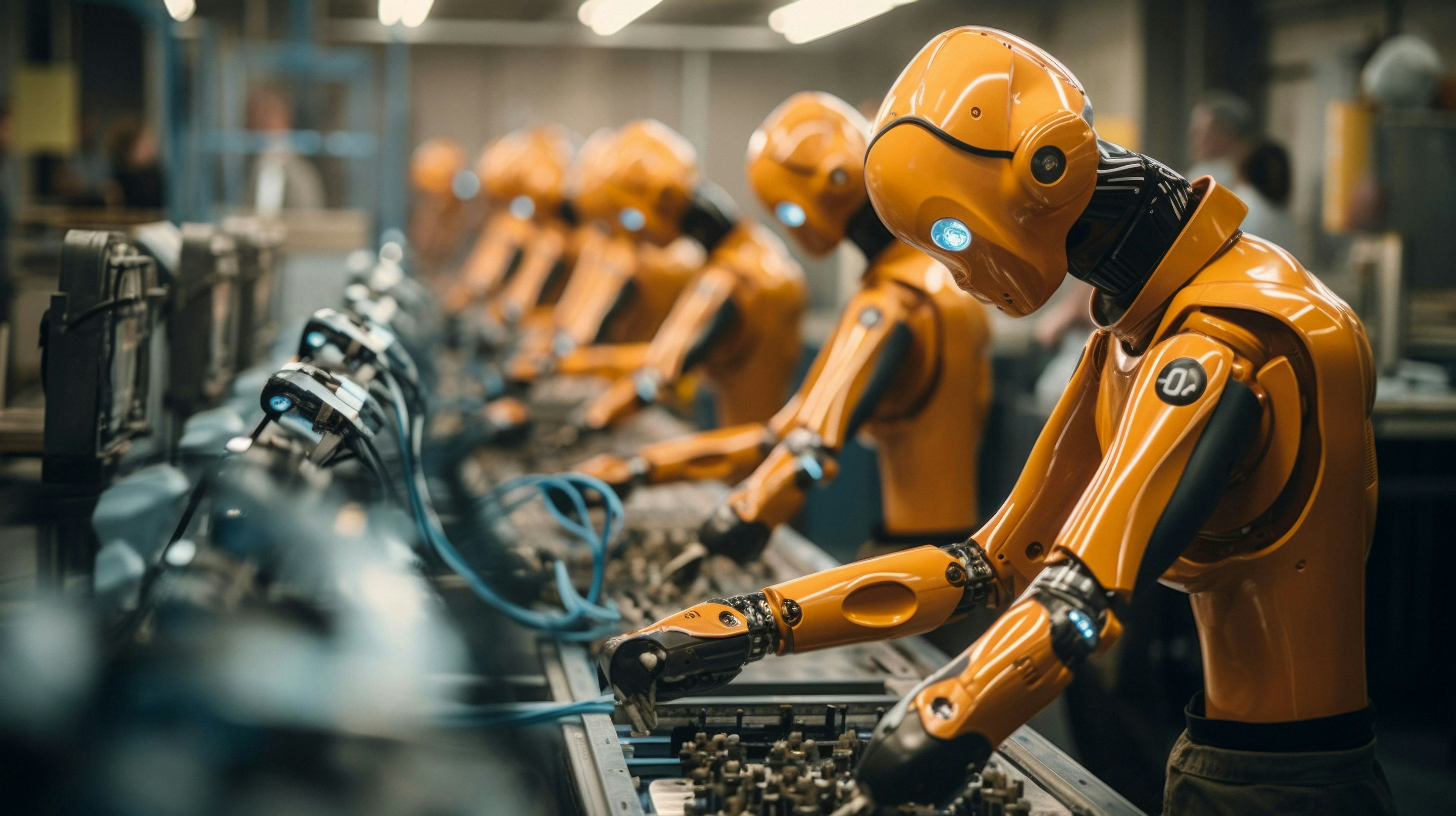 assembly line of orange robots