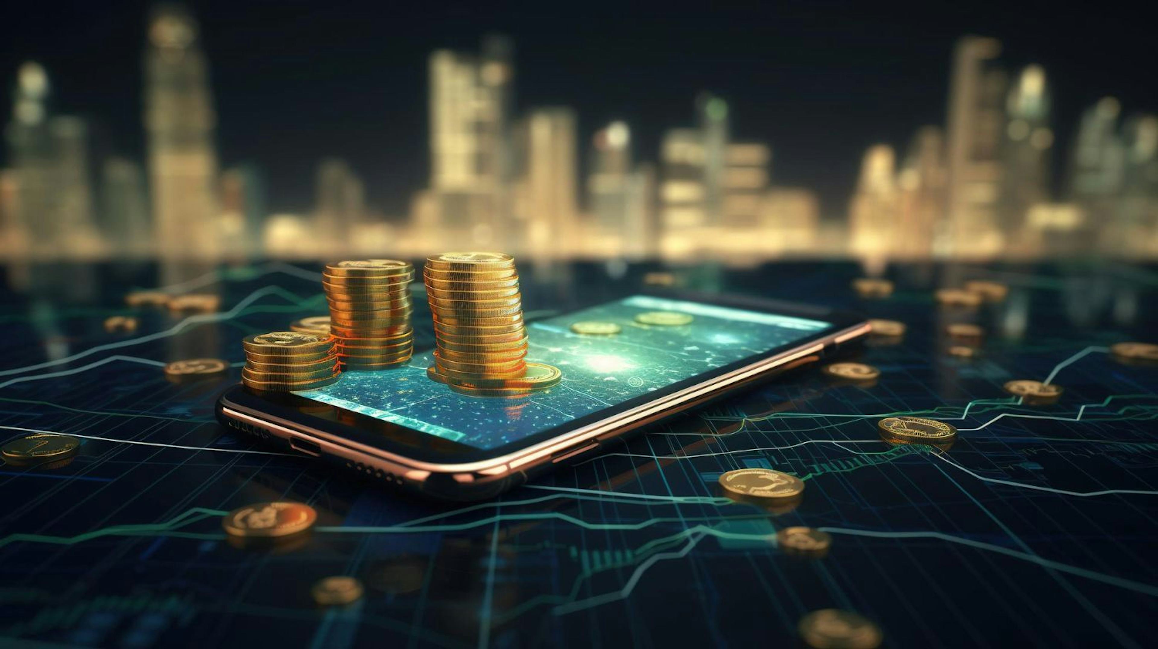 Coins and smartphone in a virtual environment representing digital financial transactions