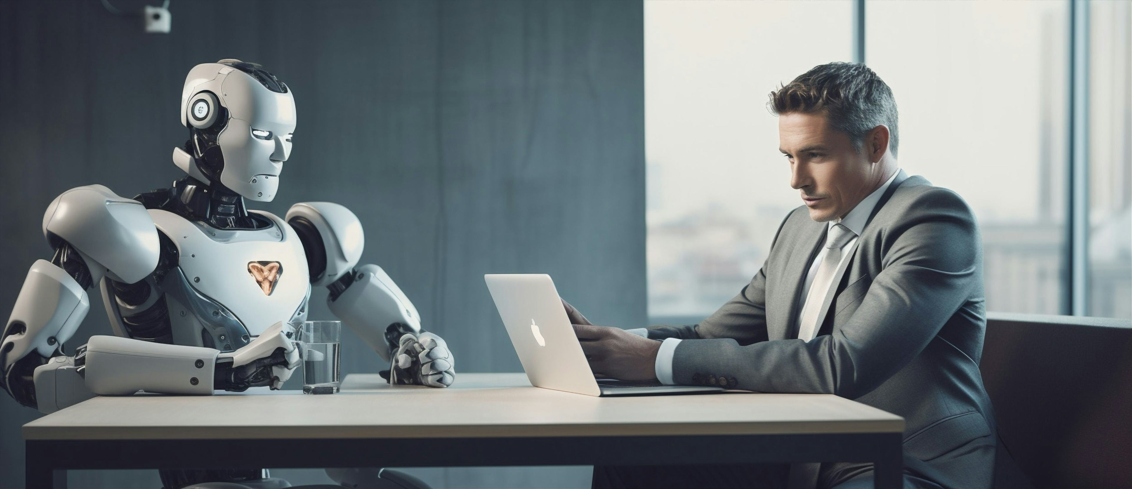 robot talking with business man