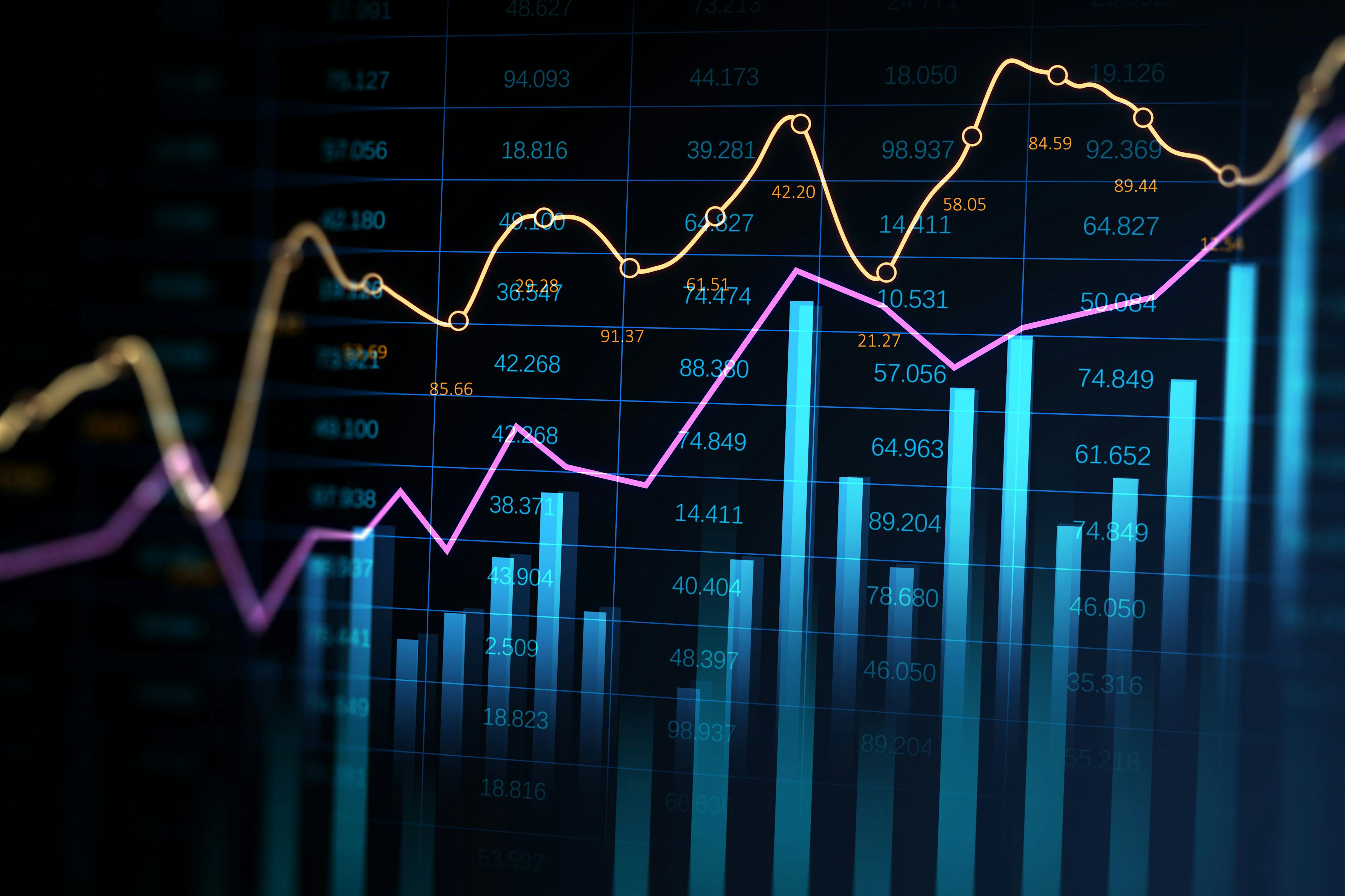 Abstract glowing business chart with index and growth on blurry background Finance trade and market report concept 3D Rendering