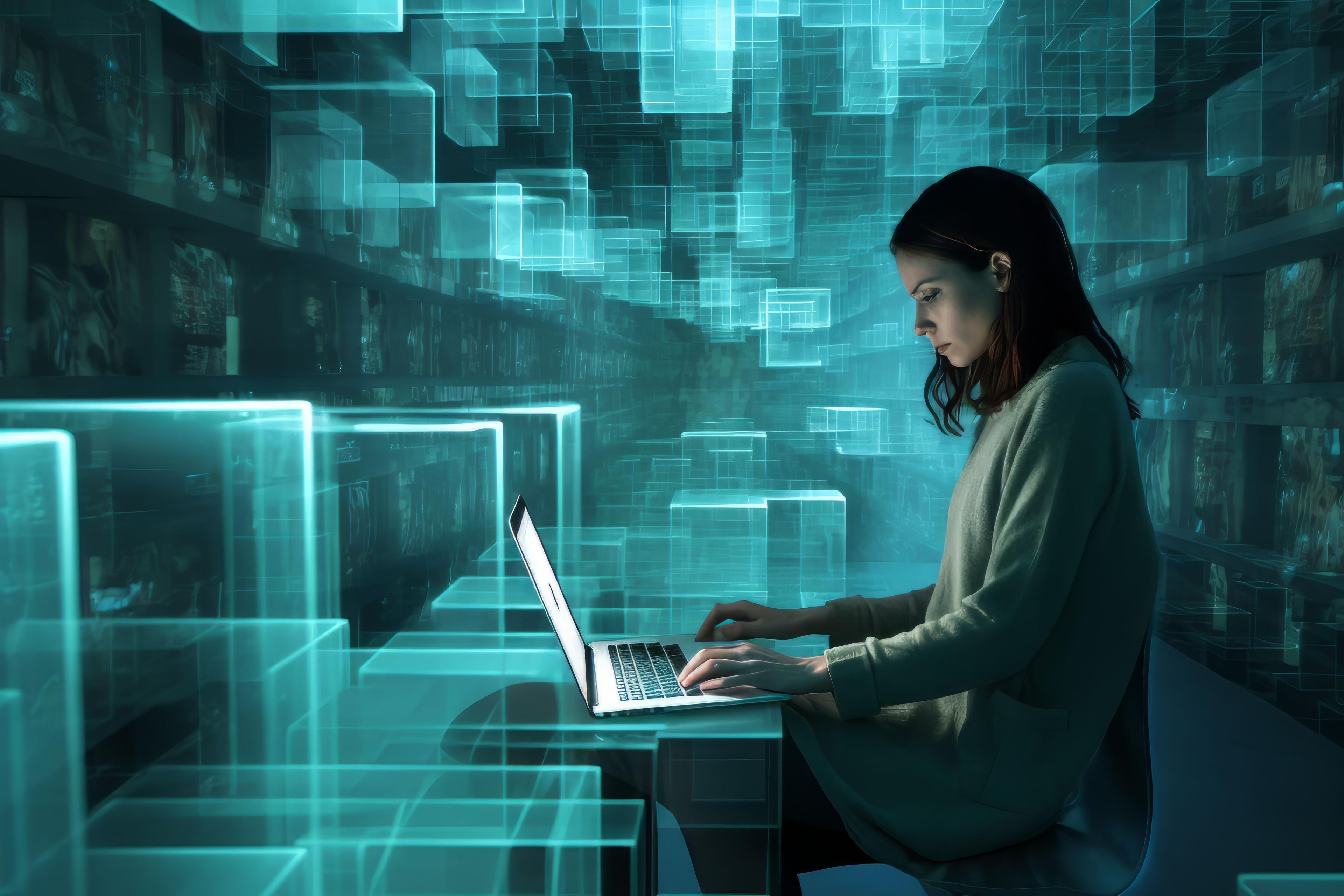 woman using laptop with 3D block background