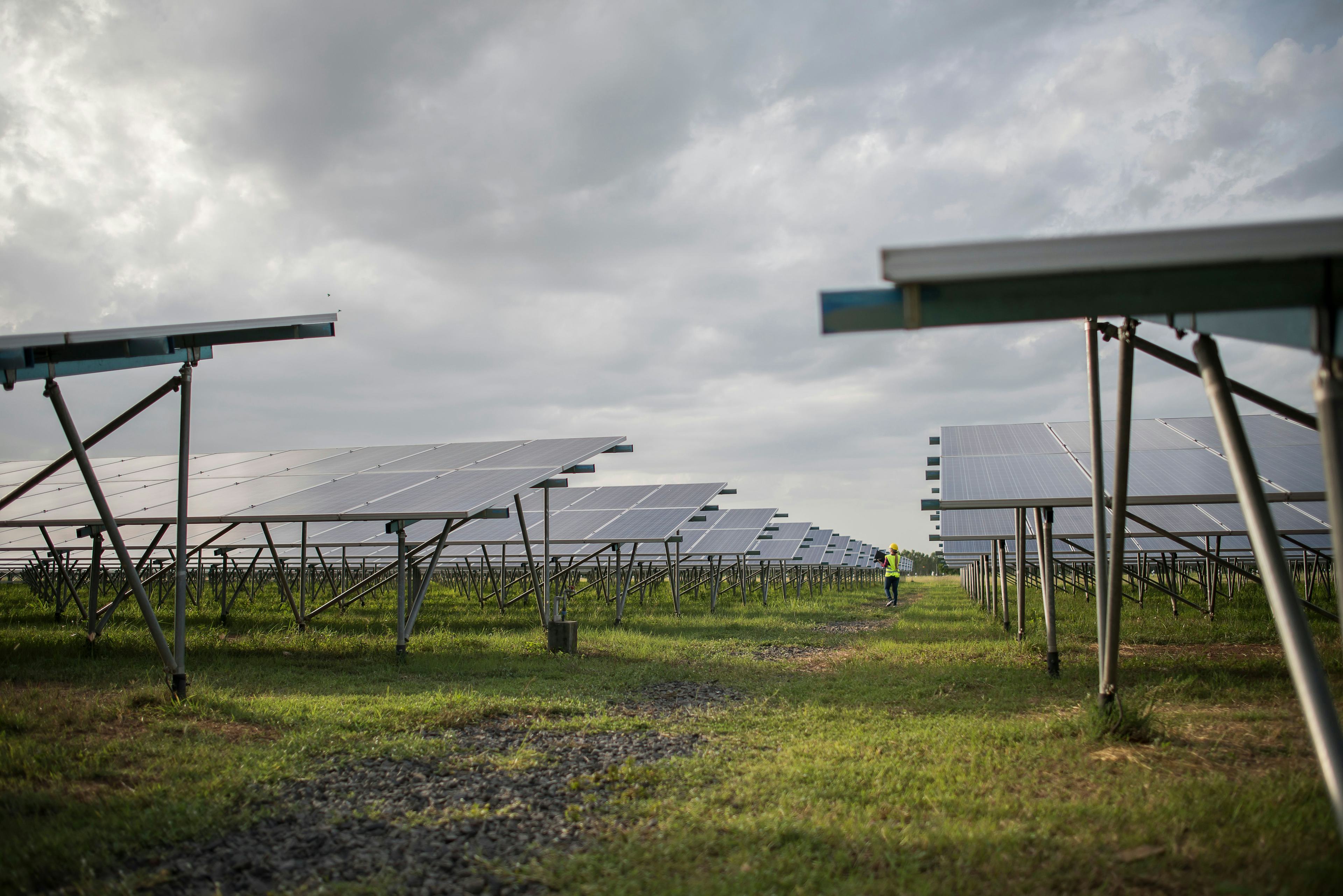 solar cell farm power under an overcast sky