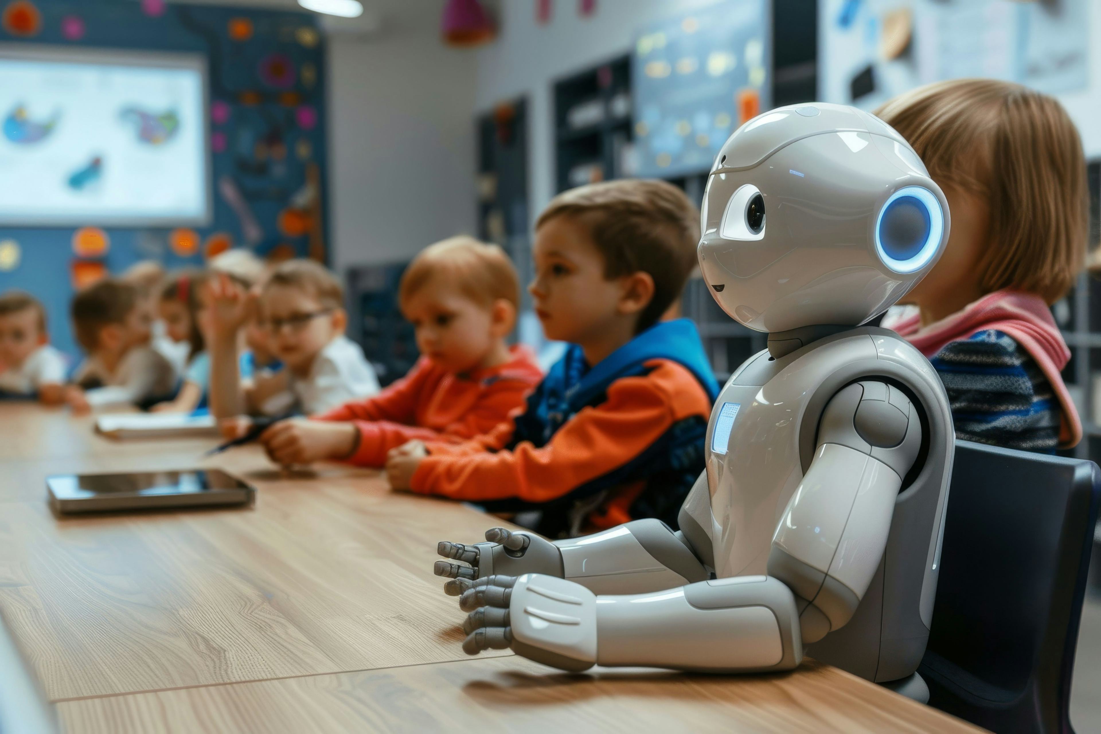 ai robot sitting next to children in classroom setting