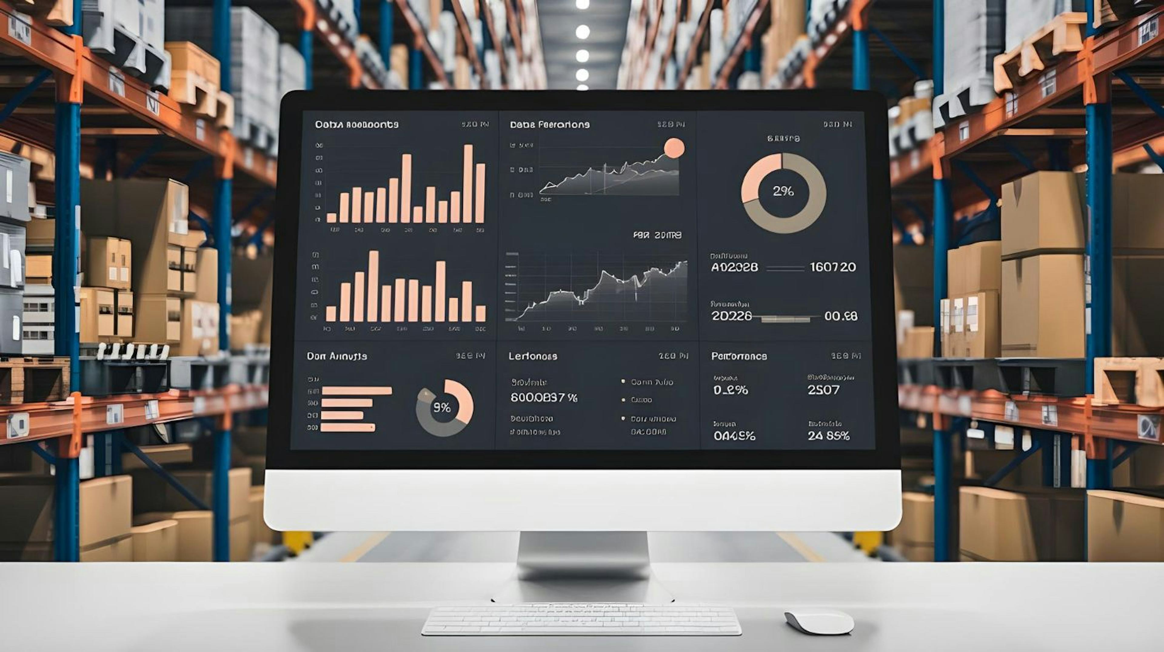 Warehouse Inventory Management System with Charts and Graphs on Computer Screen