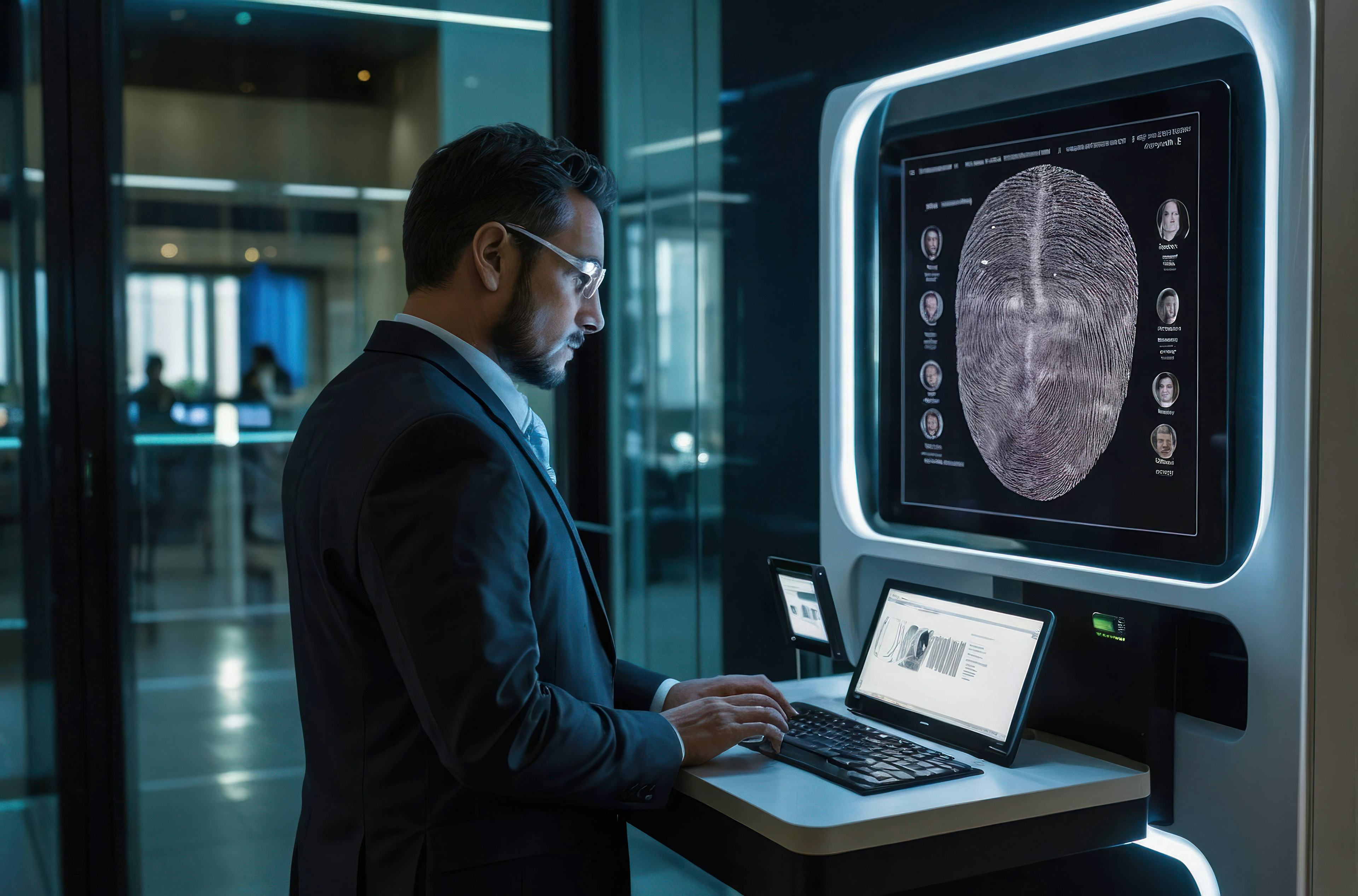 Man looking at big computer screen with fingerprint on it