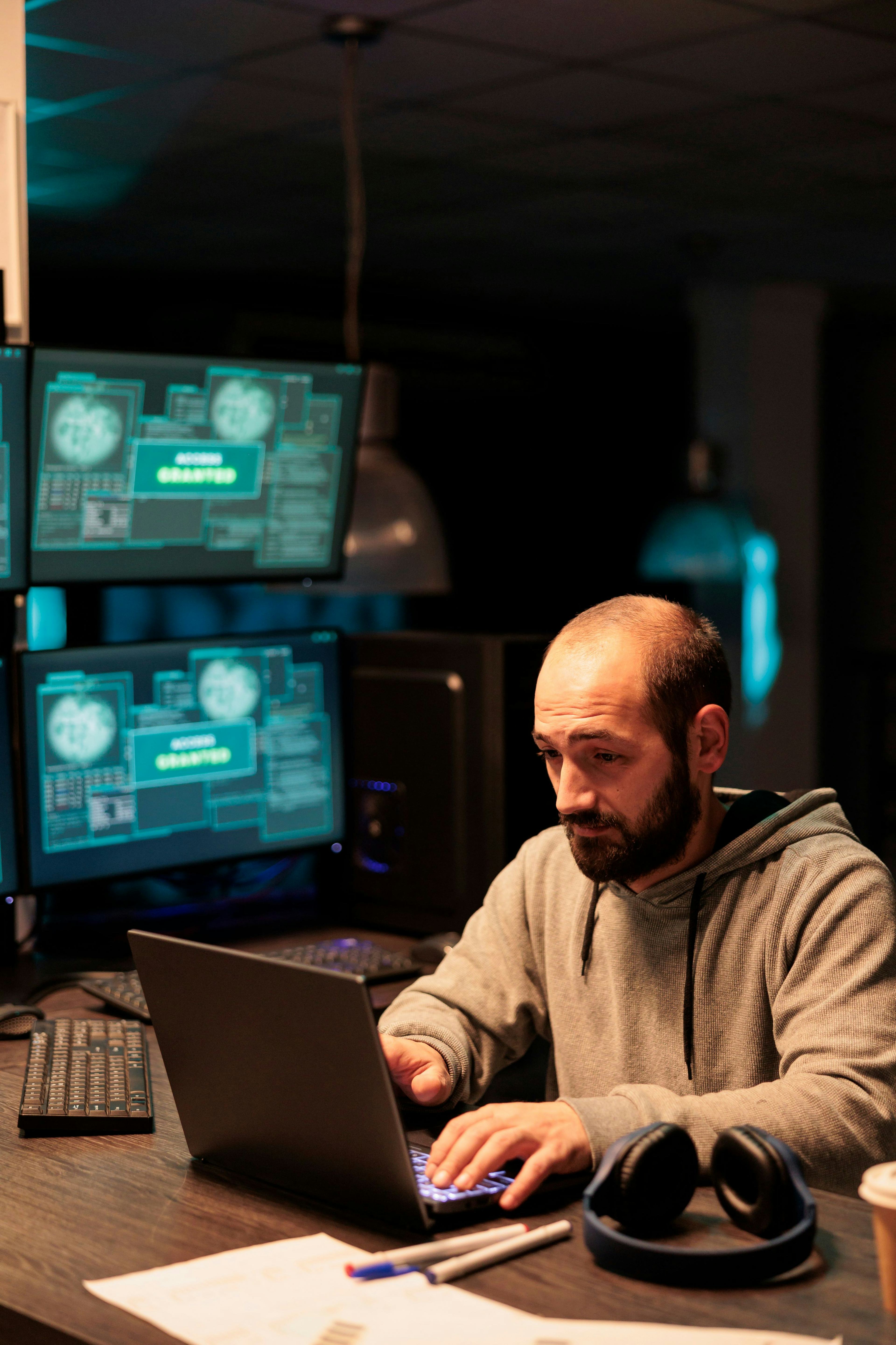 man working security on computer