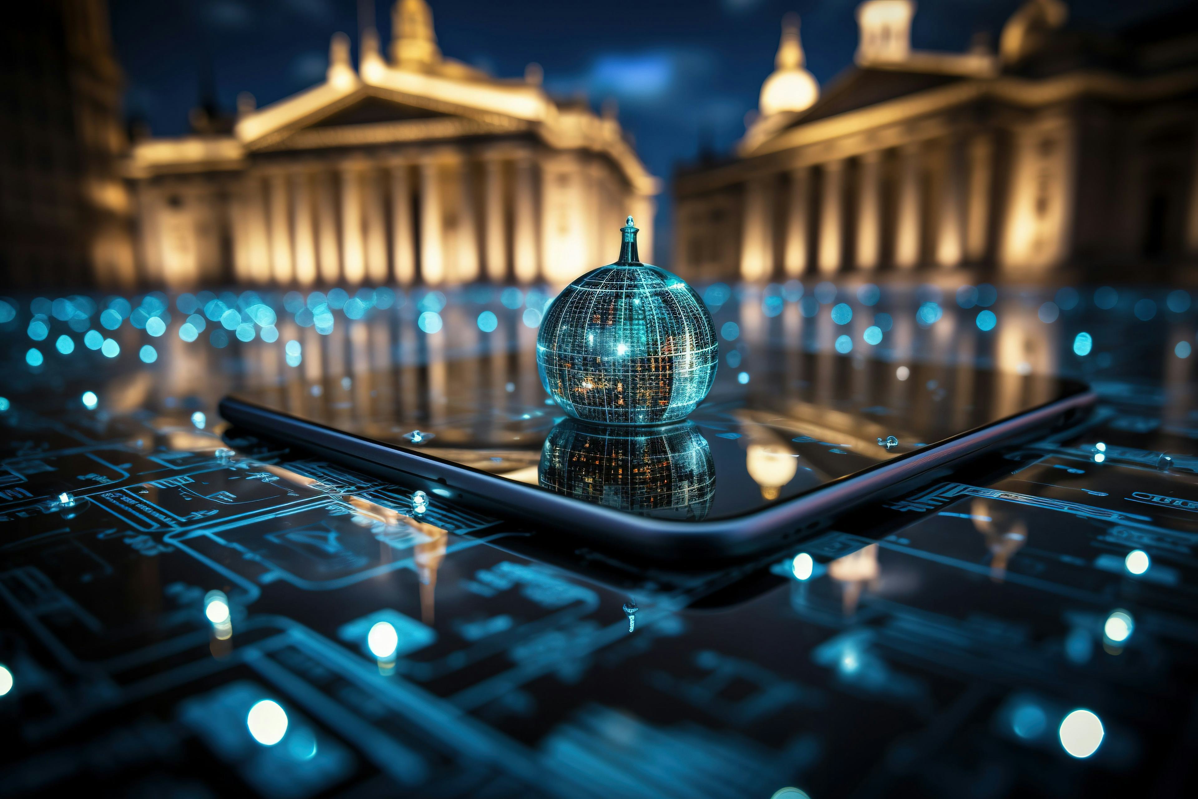 a digital globe of the world resting on a tablet screen surface with government buildings in the backdrop