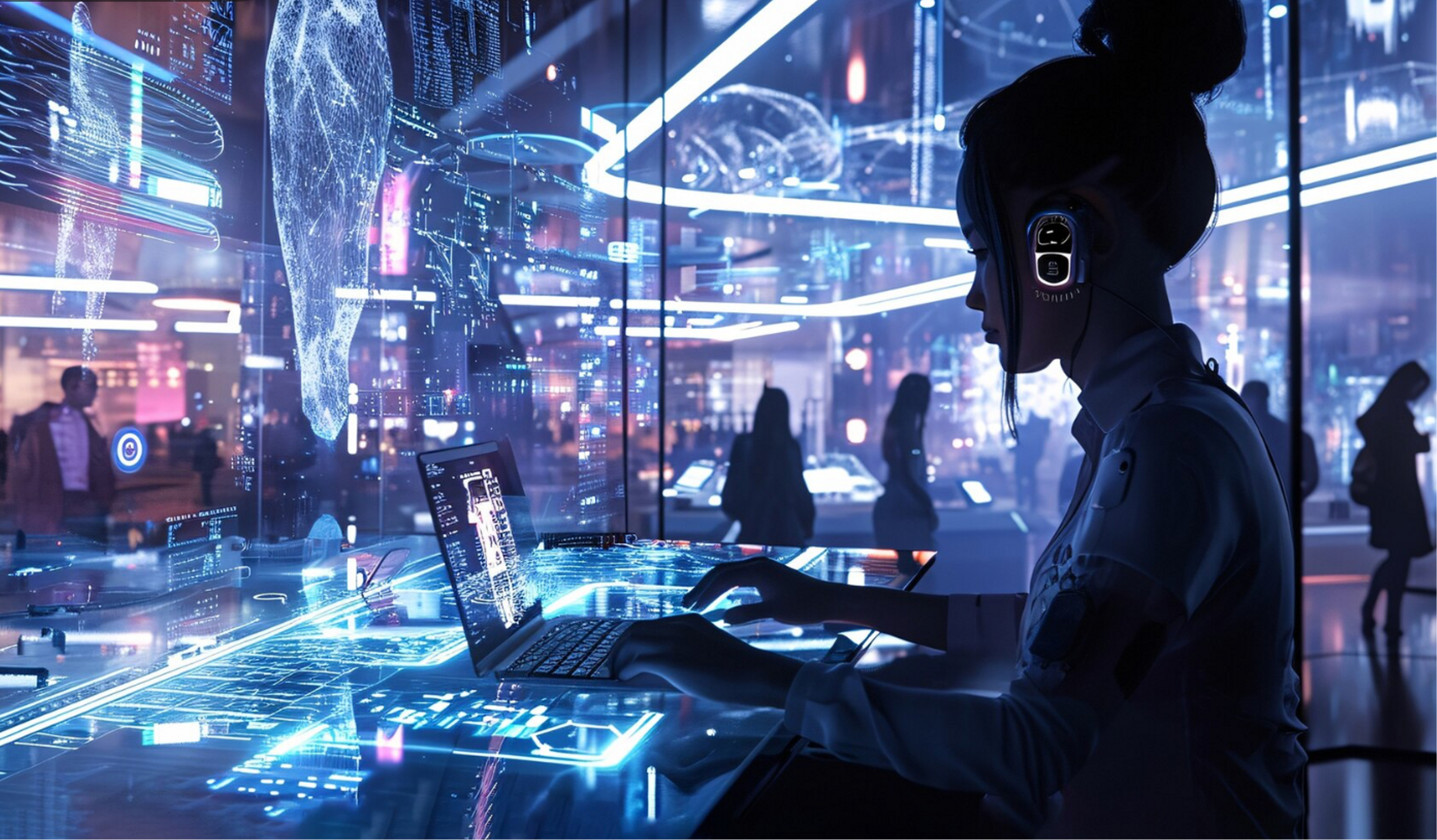 female at laptop in futuristic setting