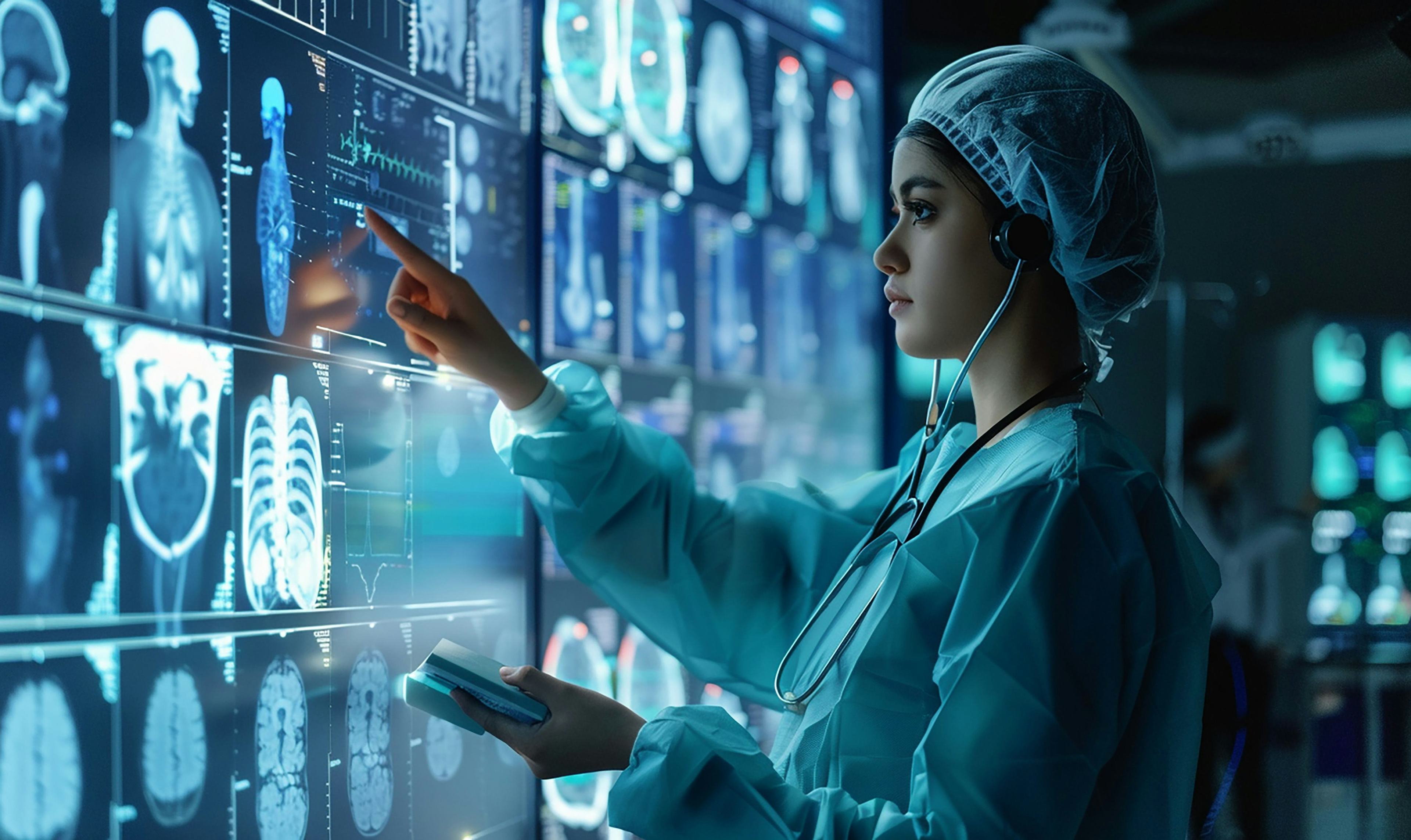 A woman medic looking at a monitor with medical systems