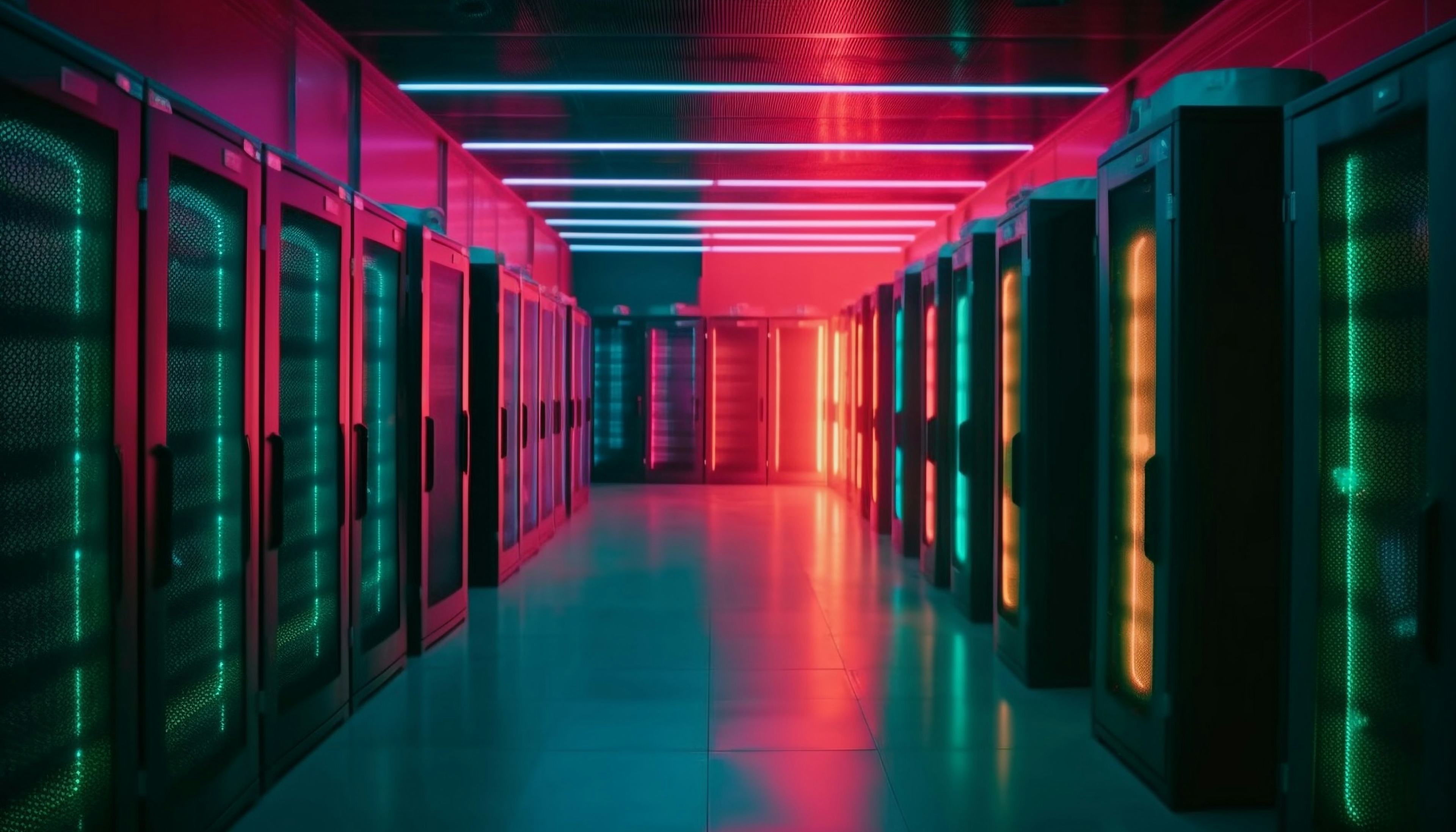 A glowing row of computer equipment in order