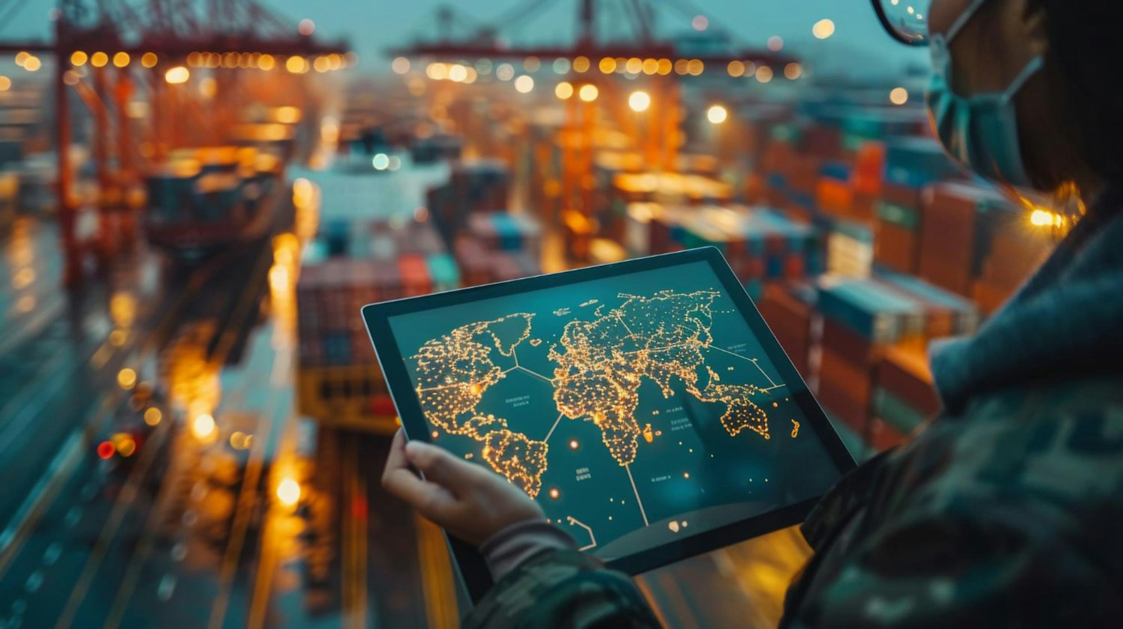 Supply chain management worker holding a tablet with a map on the screen