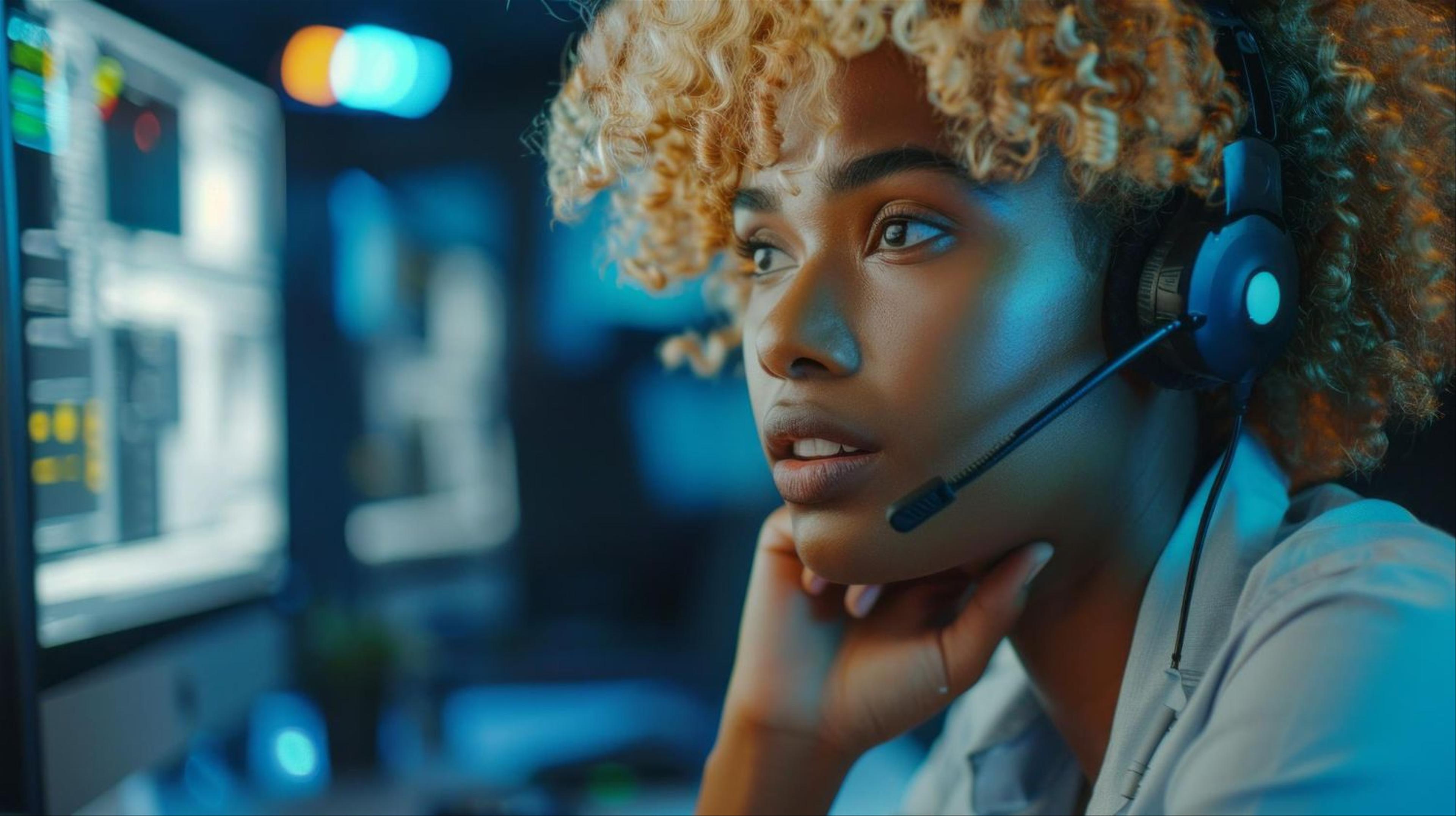 A woman wearing a headset is looking at a computer screen