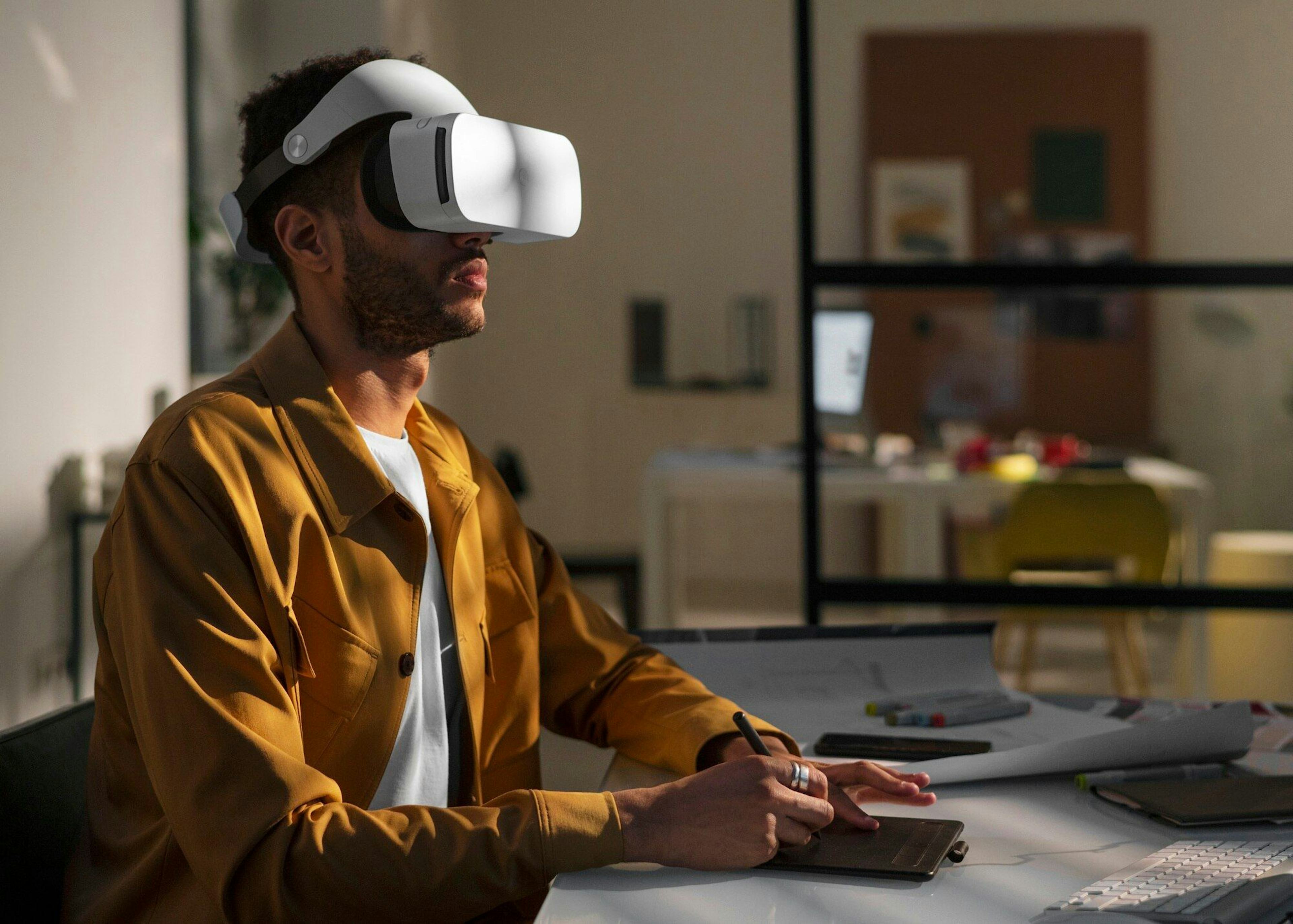 interior designer working in office with virtual headset on