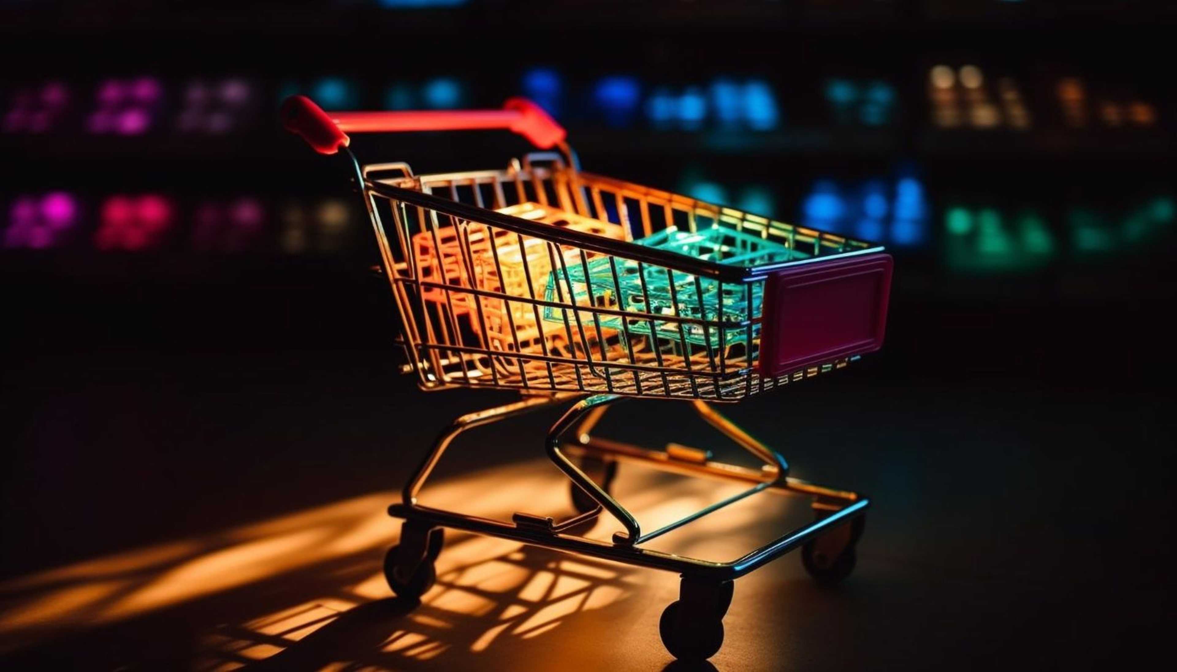 Metal shopping cart filled with groceries